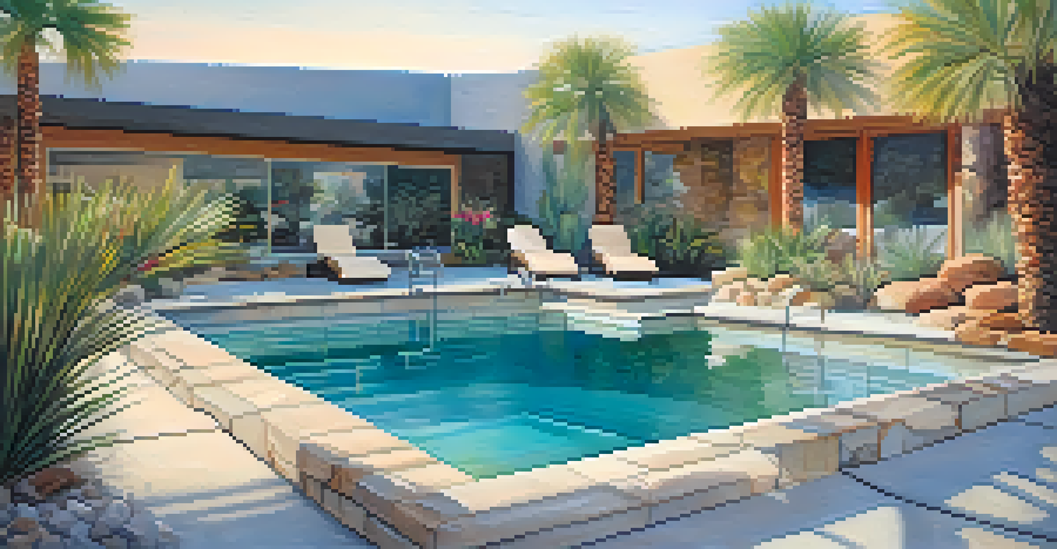 A hydrotherapy pool with water jets and natural stone, set in a tranquil desert landscape.