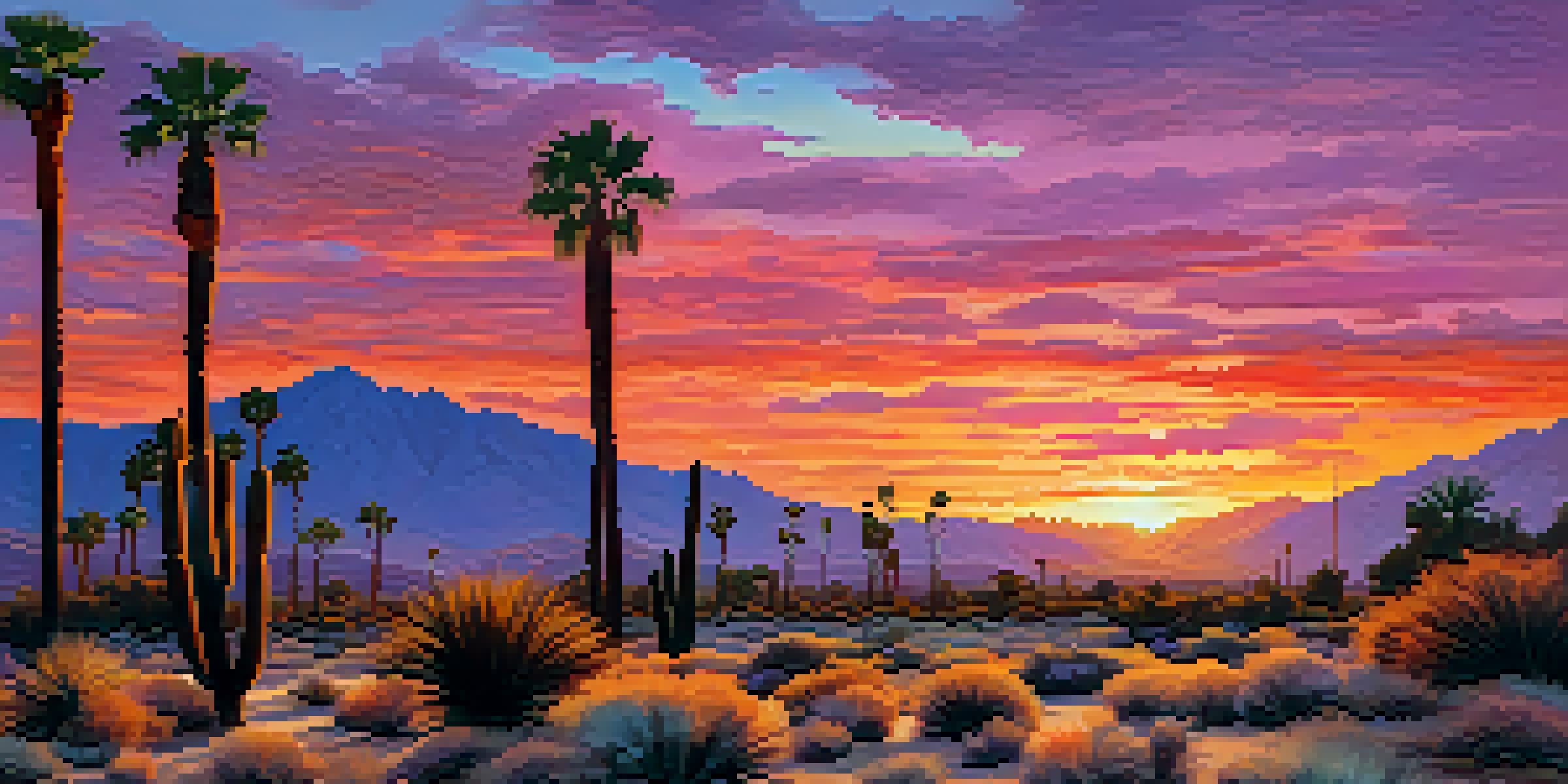A picturesque sunset over Palm Springs desert, featuring palm trees and colorful clouds.