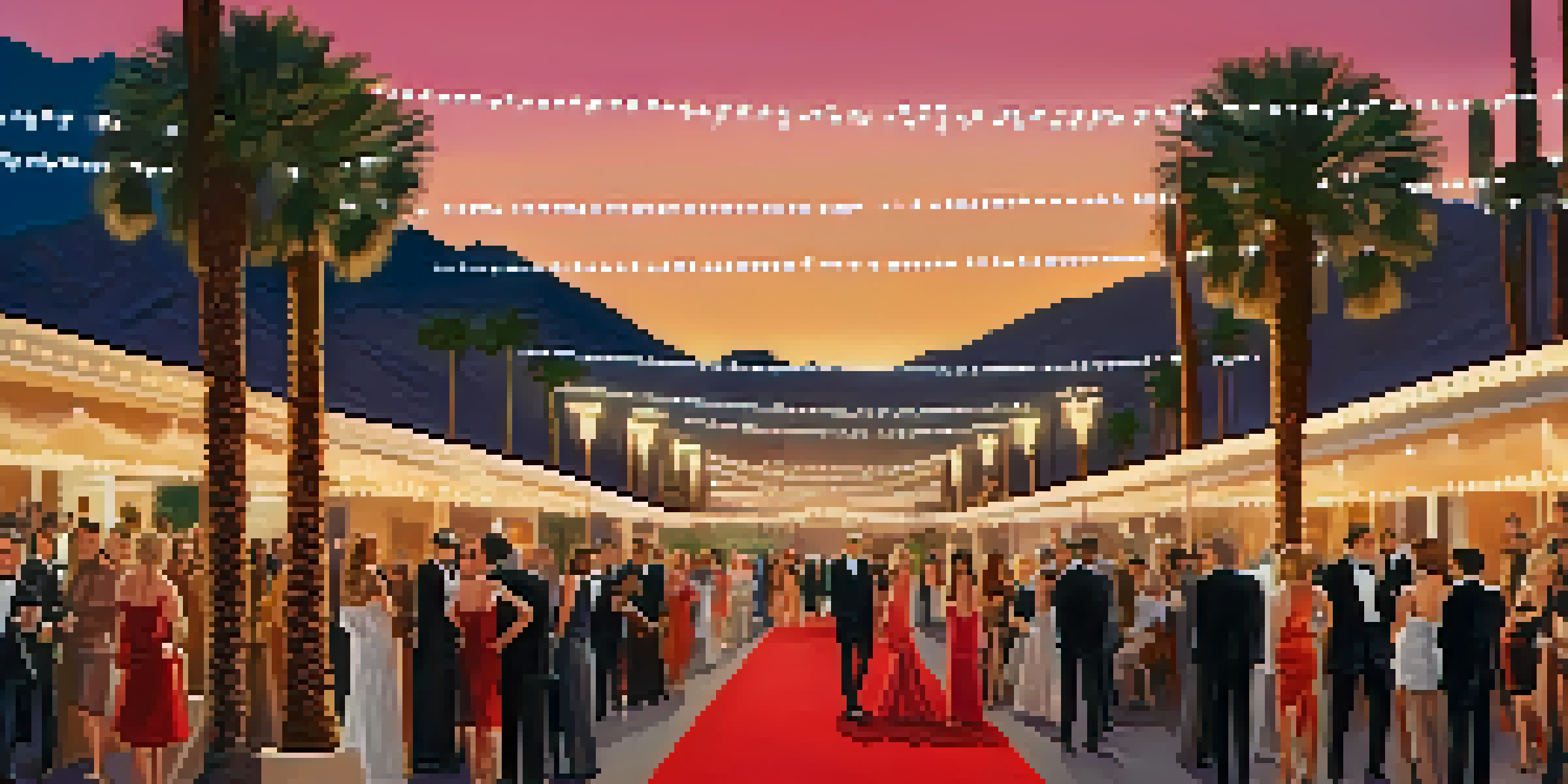 A glamorous red carpet event at the Palm Springs International Film Festival, featuring celebrities and a desert sunset backdrop.