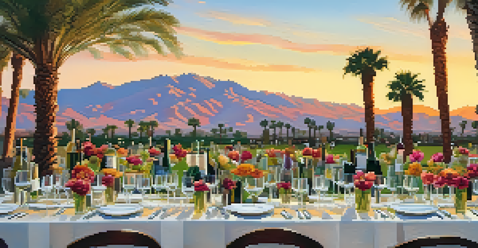 A table at the Palm Springs Food & Wine Festival filled with gourmet food and wine, with chefs engaging with festival goers, set against a desert sunset.