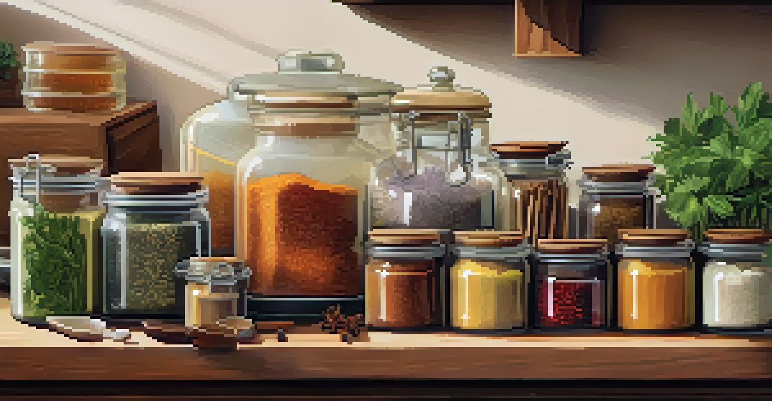A cozy kitchen workspace featuring a collection of spices in jars, an open cookbook, and a colorful dish being prepared under warm lighting.
