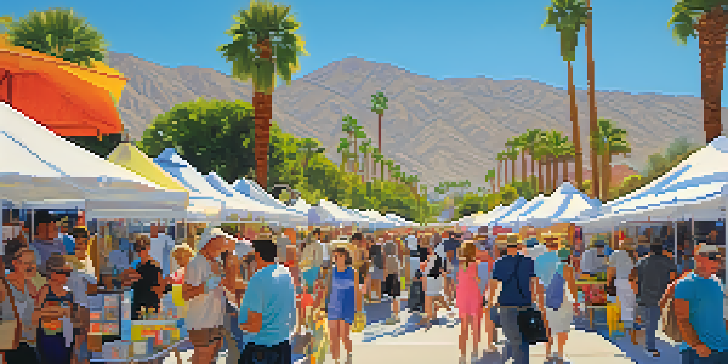 A lively outdoor art festival in Palm Springs featuring colorful art installations, sunny weather, and people enjoying the event.