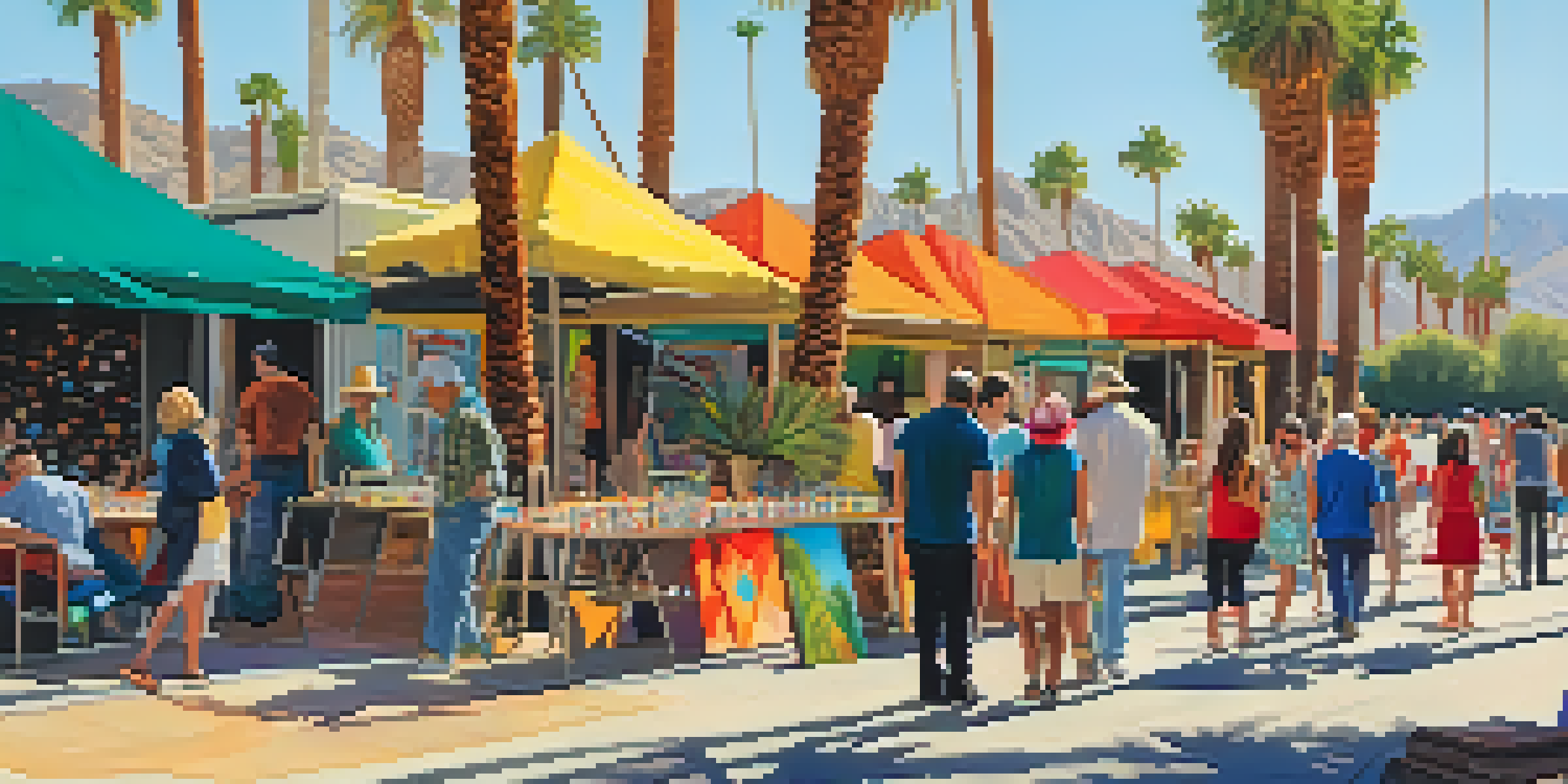 An outdoor art walk in Palm Springs with local artists displaying colorful artwork under bright sunlight and palm trees.