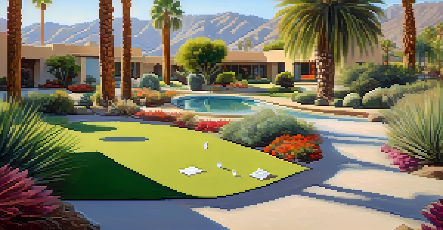 An outdoor meditation garden with yoga mats on grass, surrounded by colorful desert flowers and calming water features.