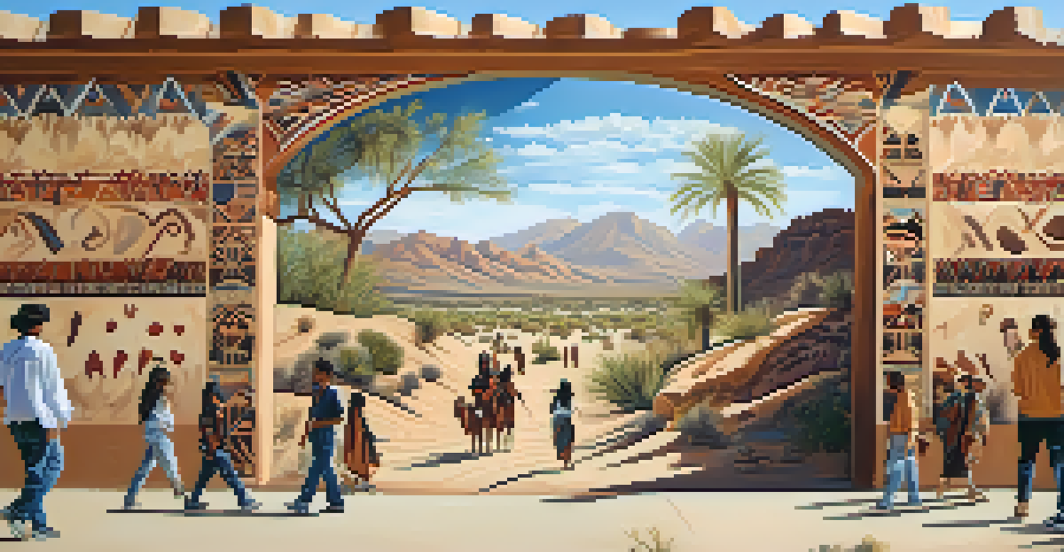 A vibrant mural showcasing Cahuilla cultural heritage in Palm Springs, with people admiring the artwork.