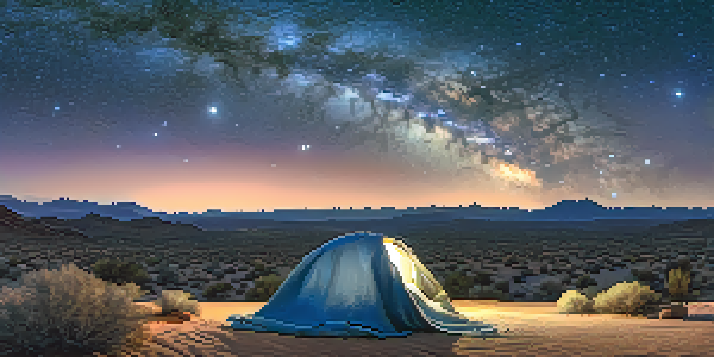 A person lying on a blanket in the desert, looking up at a starry sky with the Milky Way visible, and a telescope in the foreground.