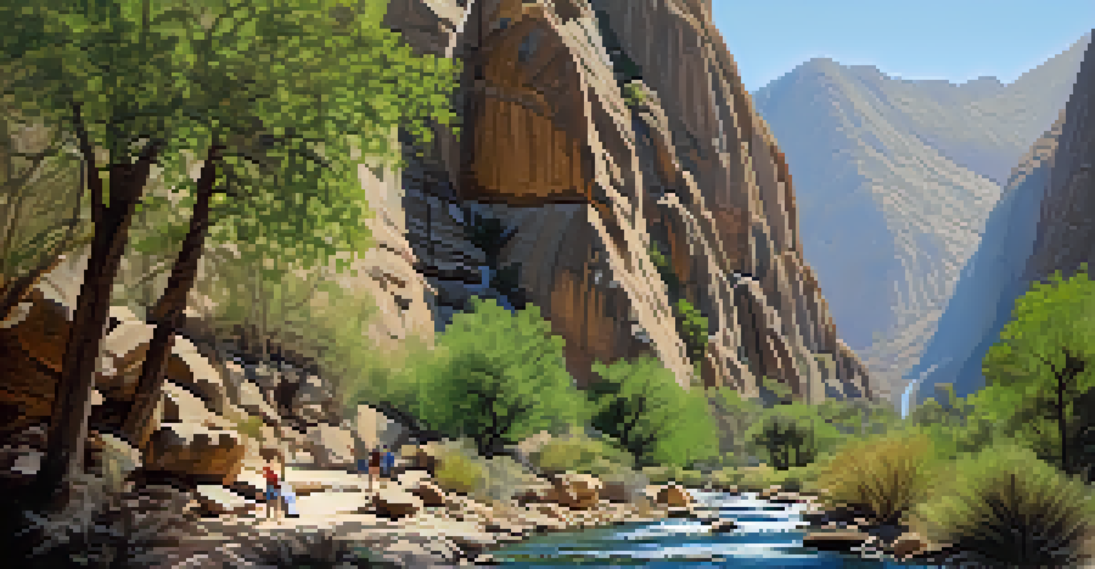 A serene view of a waterfall in Tahquitz Canyon, with lush greenery and ancient rock art along the hiking trail.