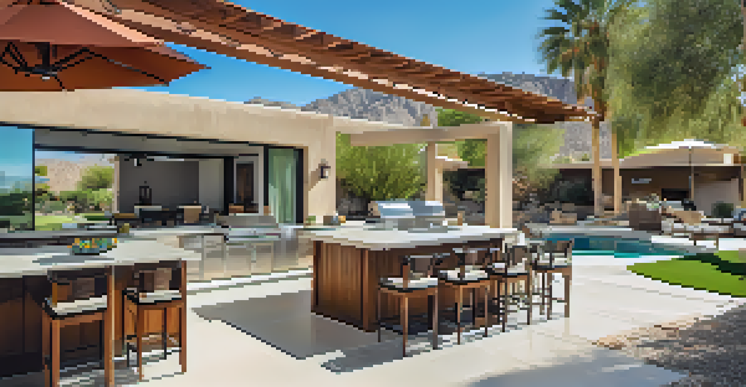 Outdoor living space with a patio, pool, and kitchen in a luxury home set against a desert landscape.
