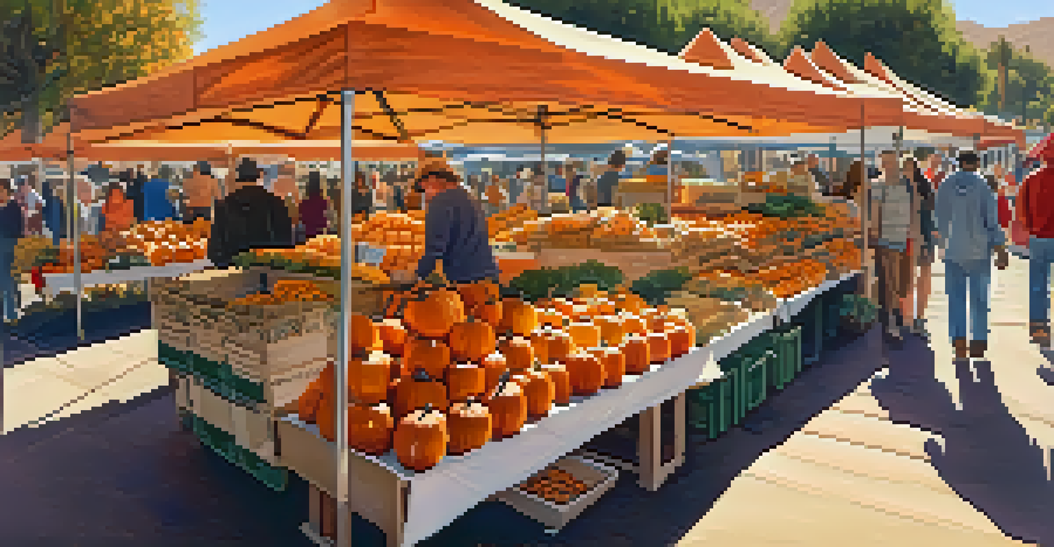 An autumn farmers' market with pumpkins, squash, and apples, featuring warm colors and a cozy atmosphere.