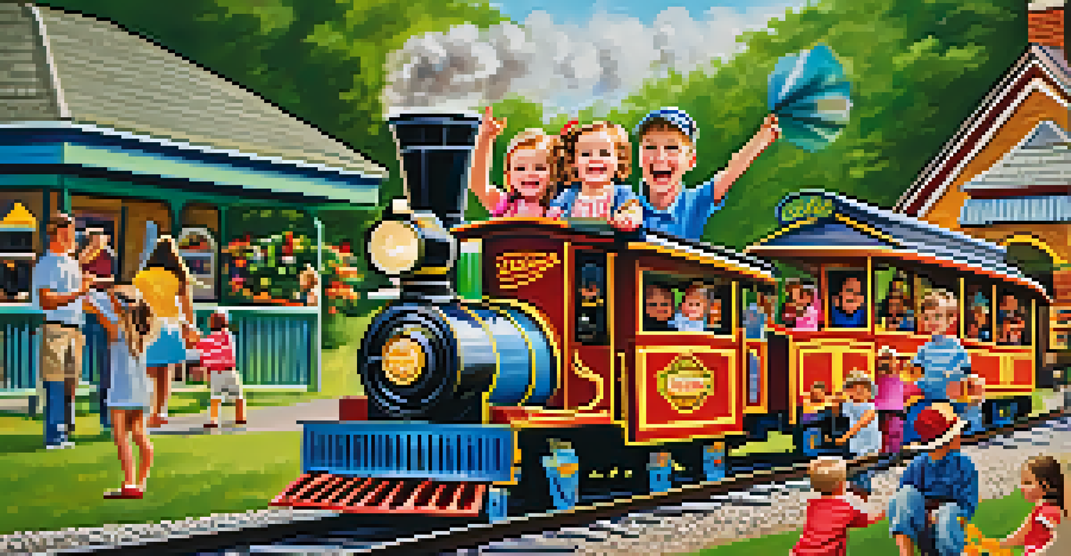 Children and a family riding a miniature train at Heritage Park Railroad, filled with joy and colorful decorations.