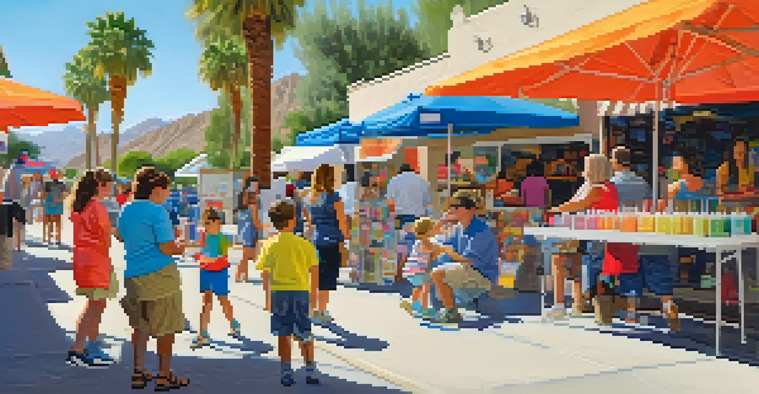 Children enjoying hands-on art activities at the Palm Springs Art Walk, with colorful supplies and food vendors creating a joyful atmosphere.