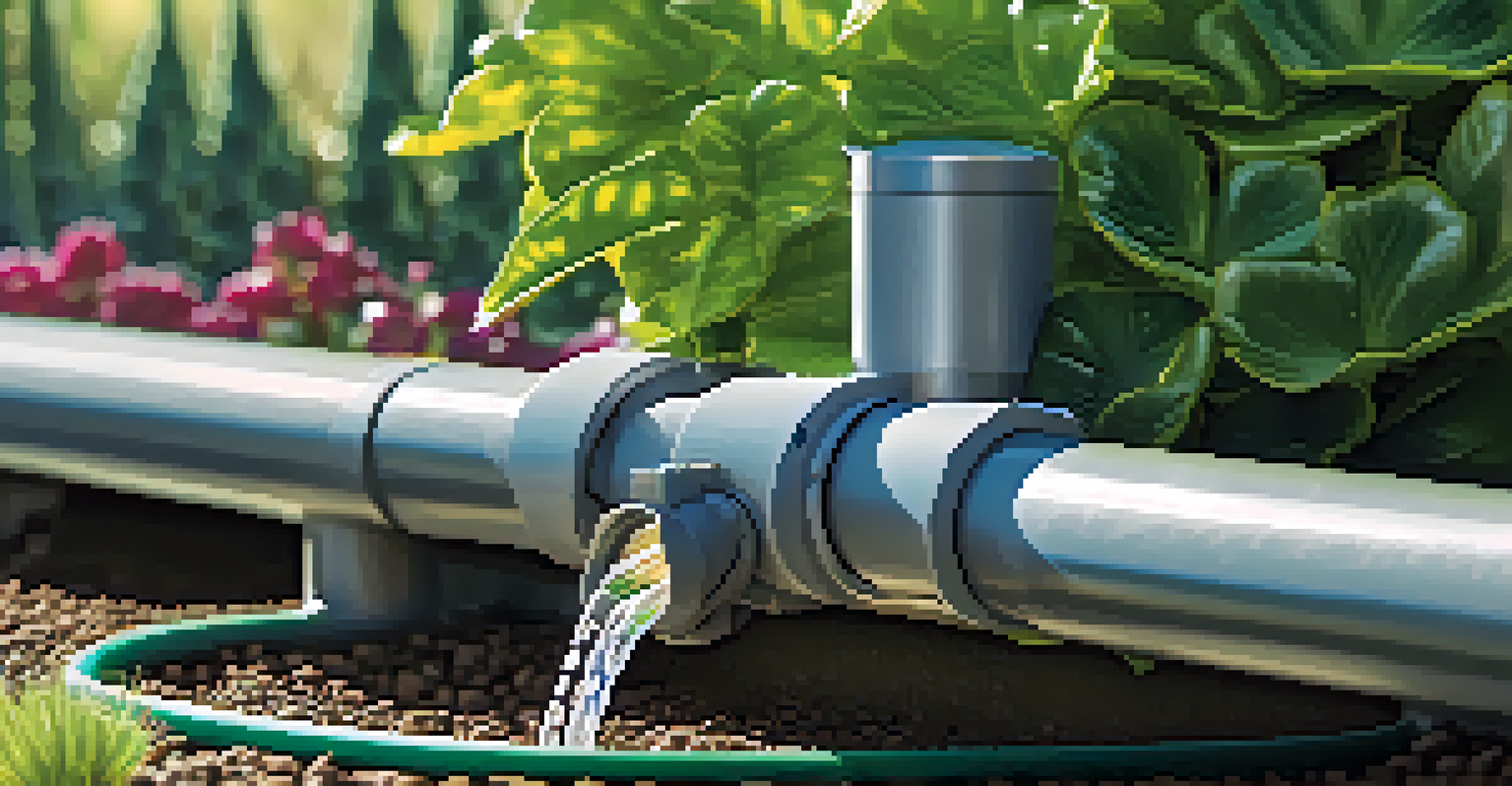 A close-up view of a smart irrigation system in a Palm Springs garden, with thriving plants and water droplets glistening in the sunlight.