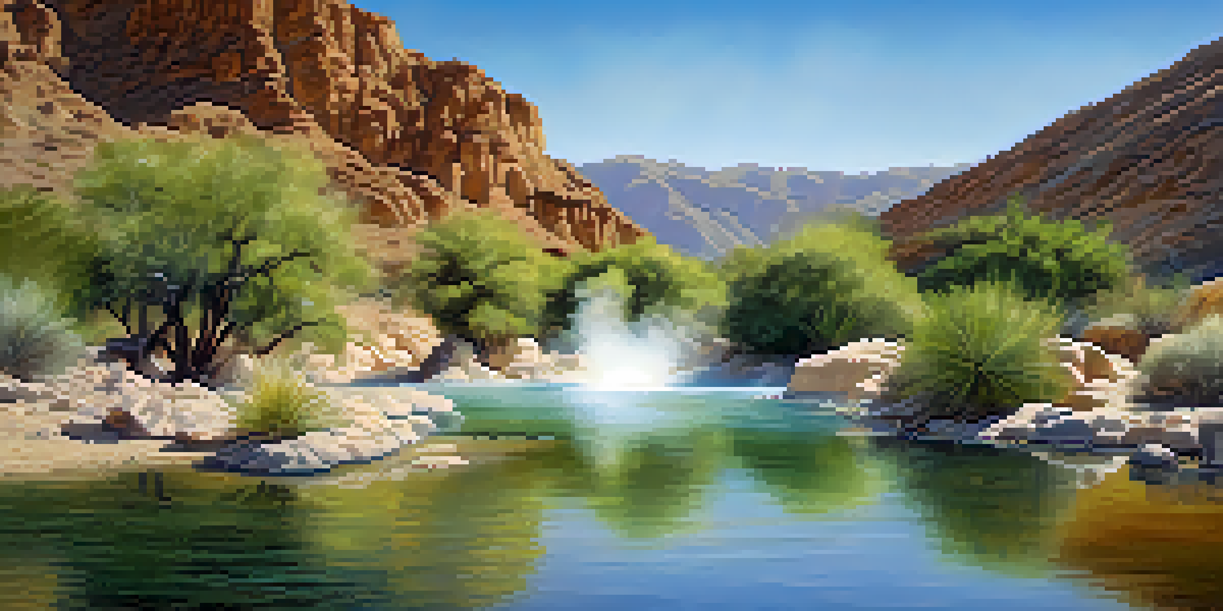 A picturesque scene of Agua Caliente hot springs with steam rising, framed by desert plants and rocks under a clear blue sky.