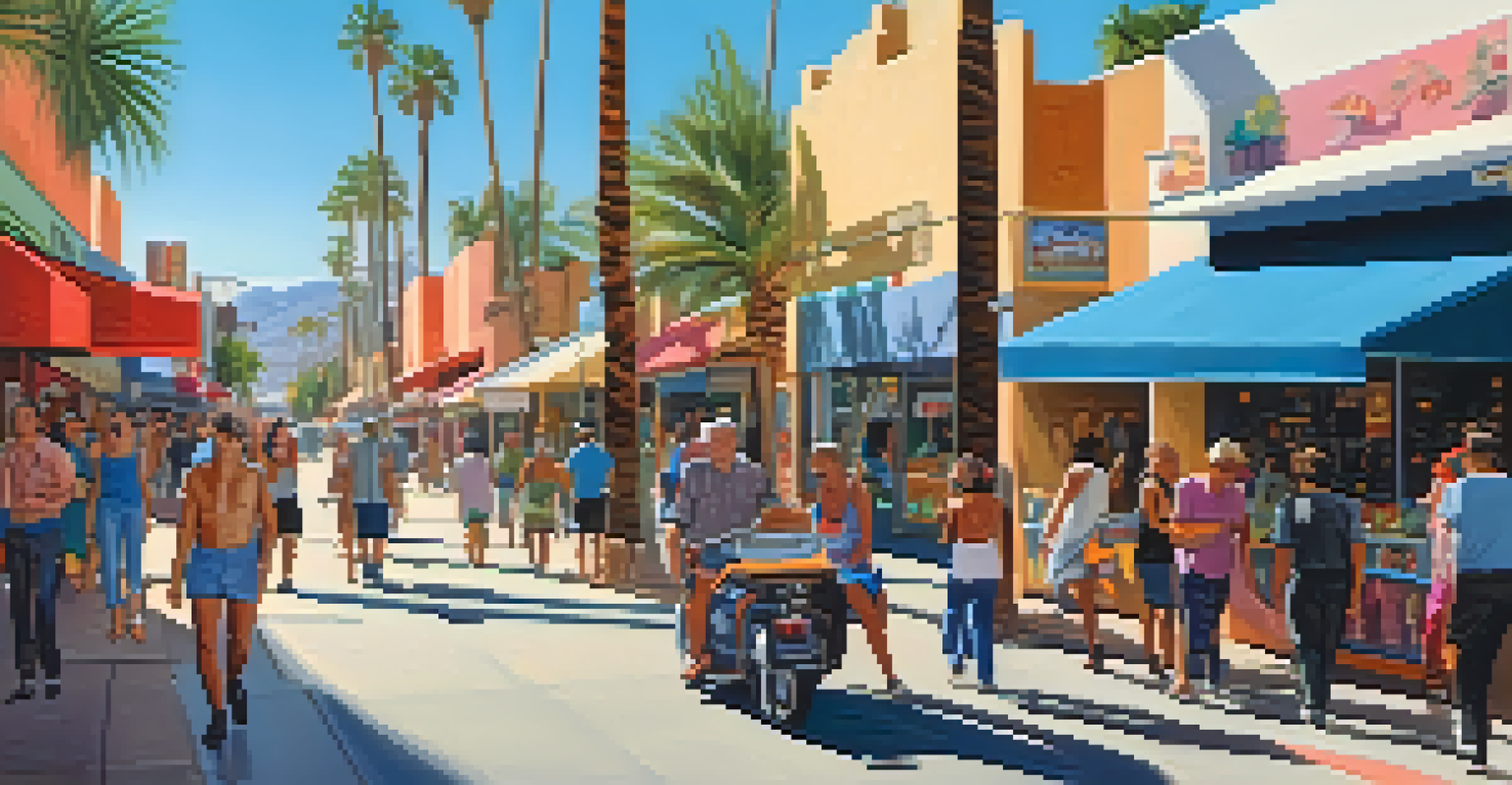 A lively street scene on Palm Canyon Drive with shops, performers, and people enjoying the sunny day.