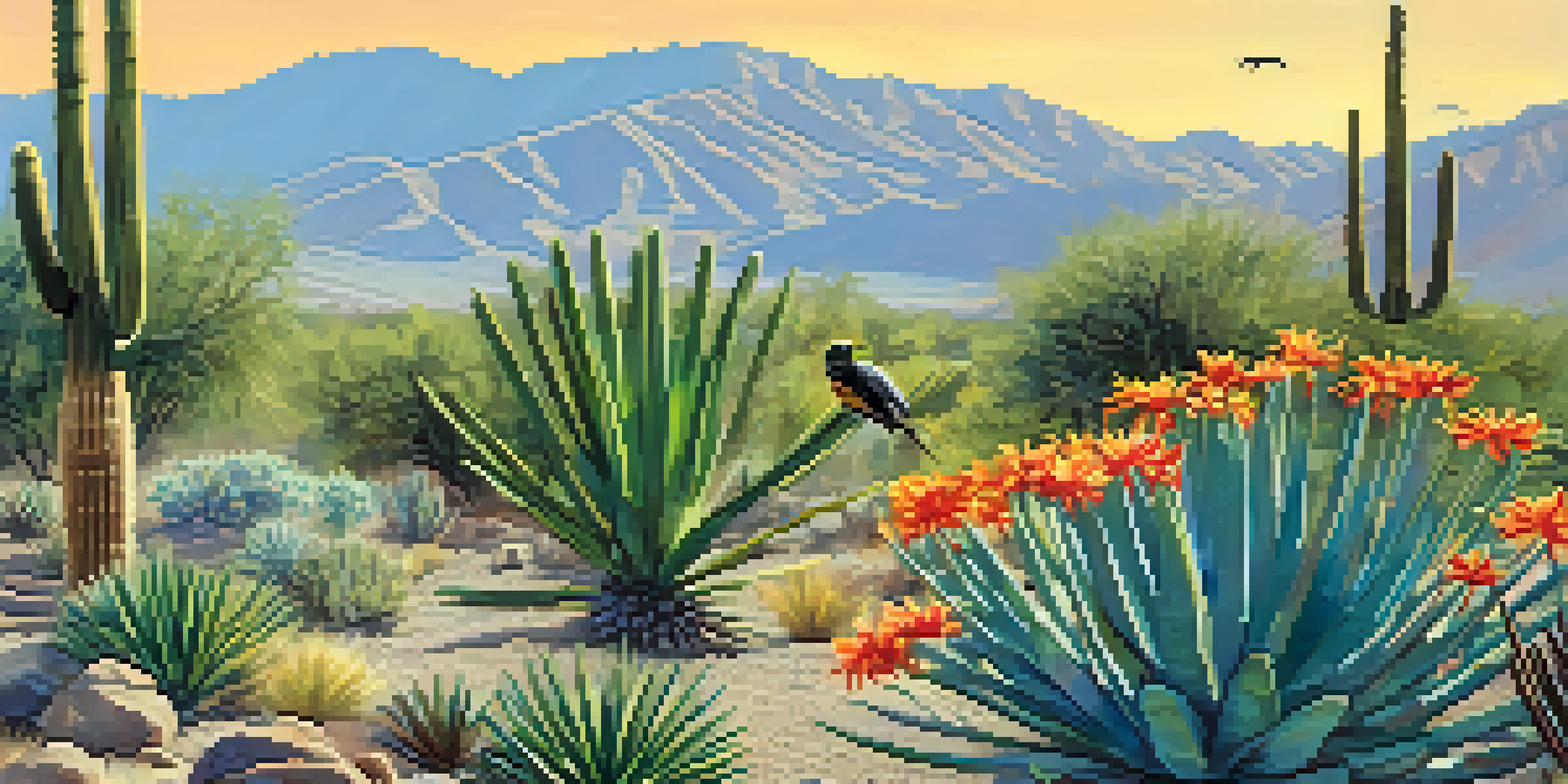 A colorful desert landscape in Palm Springs with blooming cacti and wildflowers, featuring birds like a hummingbird and a cactus wren.