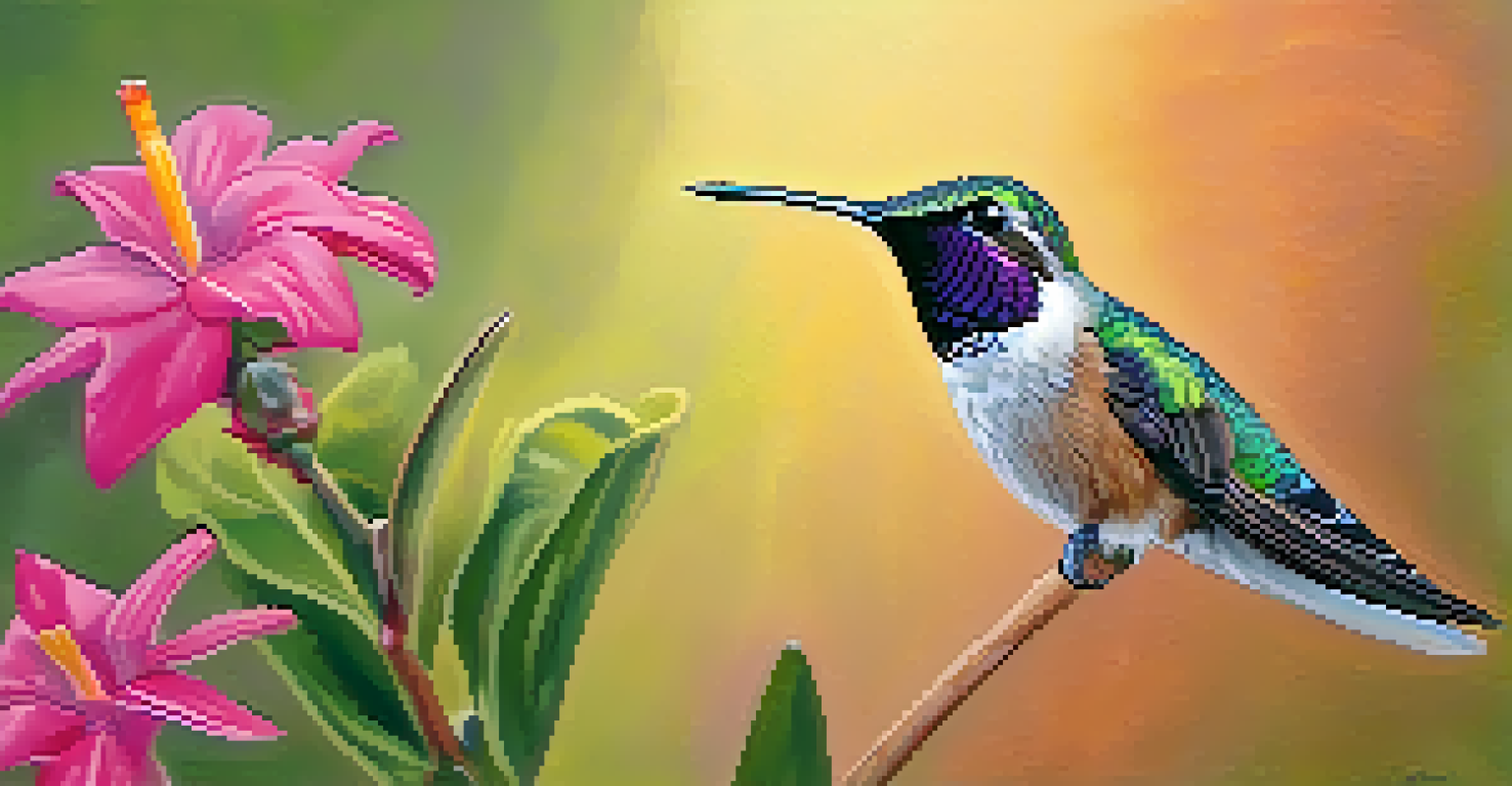 A close-up of a black-chinned hummingbird sitting on a colorful flower, surrounded by lush greenery and desert plants, illuminated by soft sunlight.