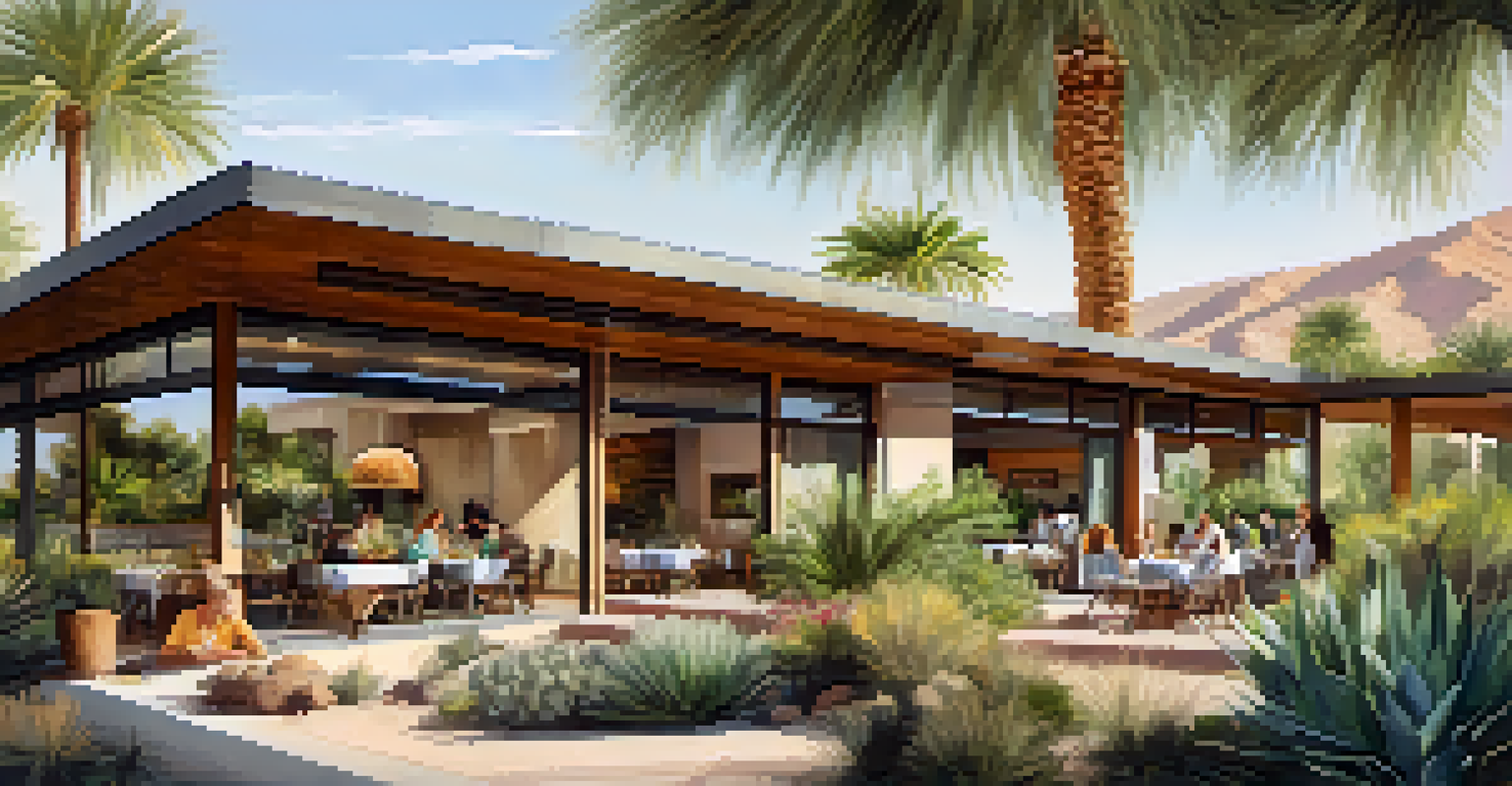 An eco-friendly hotel in Palm Springs featuring solar panels and gardens, with a family dining on the patio against a desert backdrop.