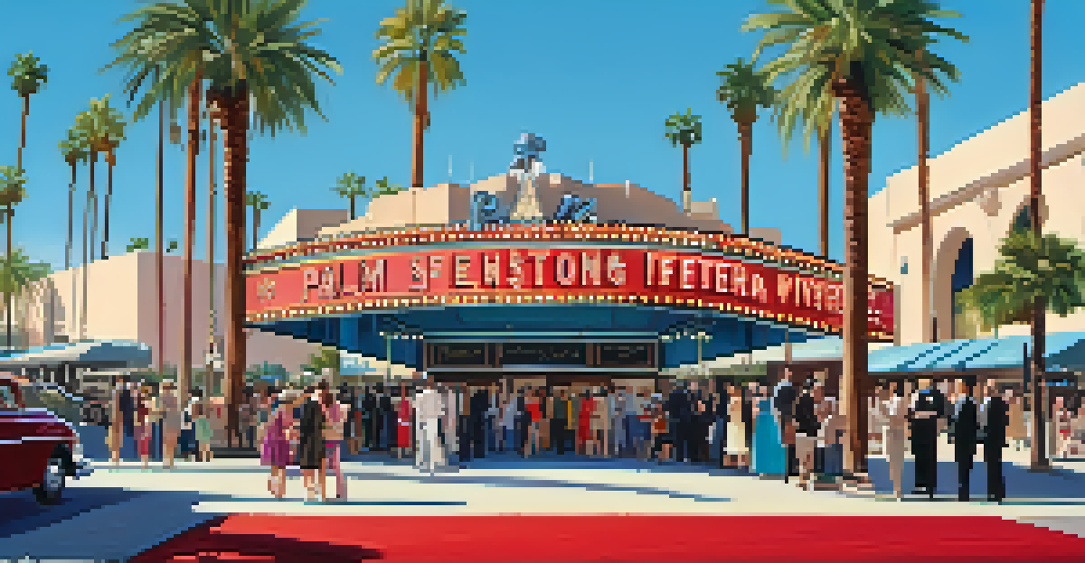 A red carpet event at the Palm Springs International Film Festival with celebrities and fans in front of a historic theater, decorated palm trees, and a blue sky.