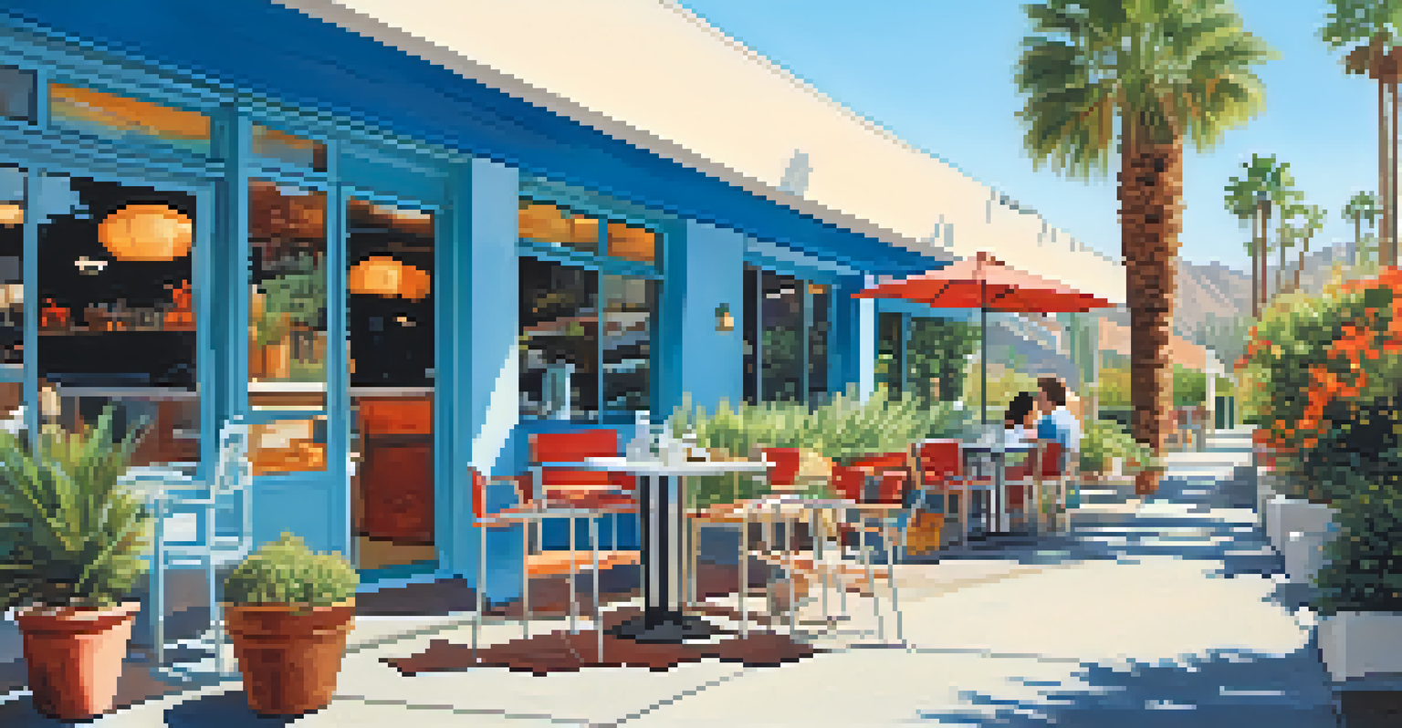 An outdoor patio of a pet-friendly restaurant in Palm Springs, with a dog resting under a table as the owner enjoys a meal.