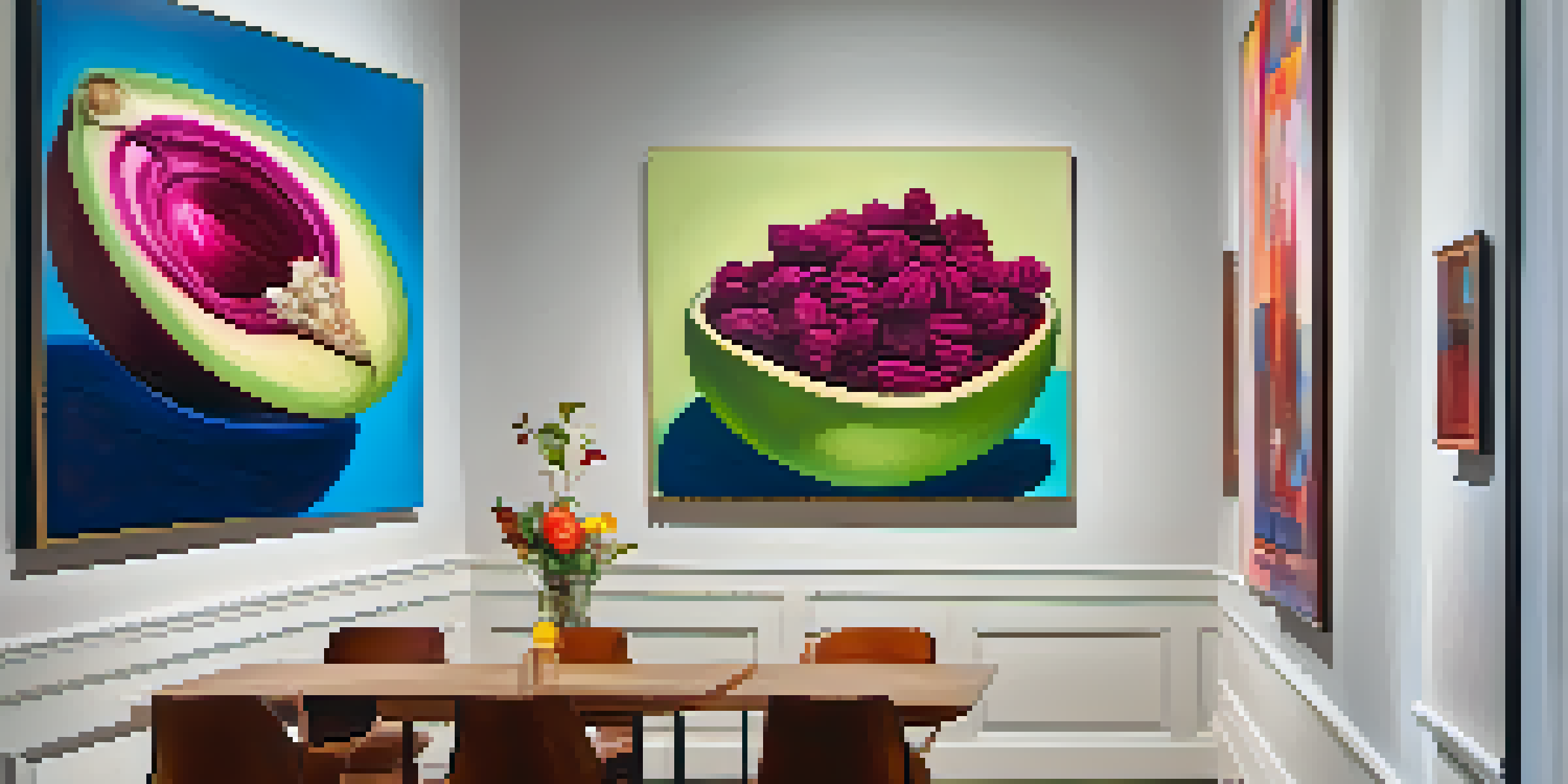 An art gallery with colorful abstract paintings and a beautifully plated dish featuring vibrant ingredients.