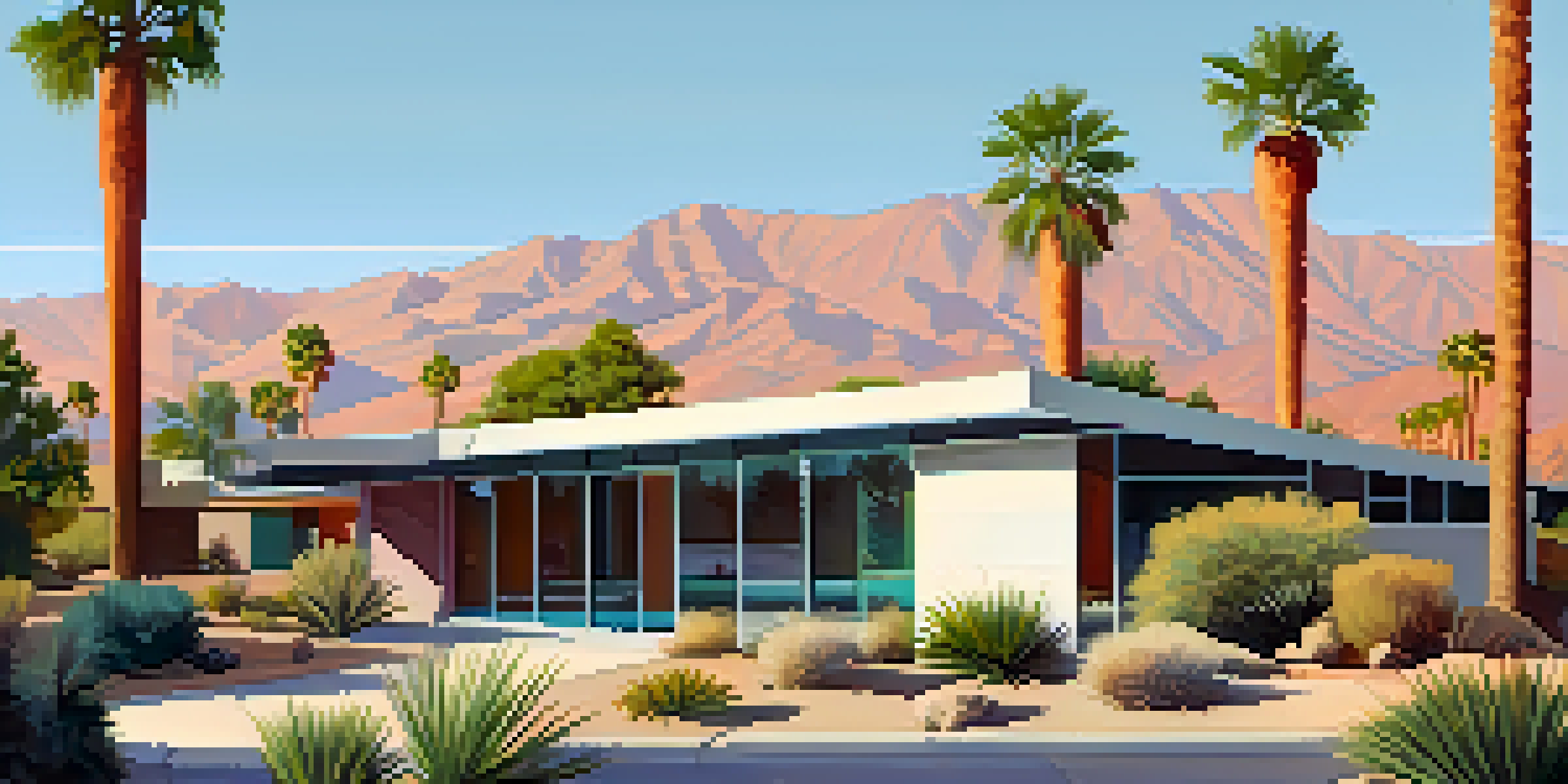 A mid-century modern home in Palm Springs with large windows, flat roof, and desert landscaping under warm sunlight.