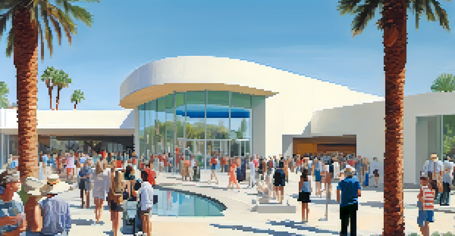 A panoramic view of the Palm Springs Art Museum filled with visitors exploring art exhibits under a clear blue sky.