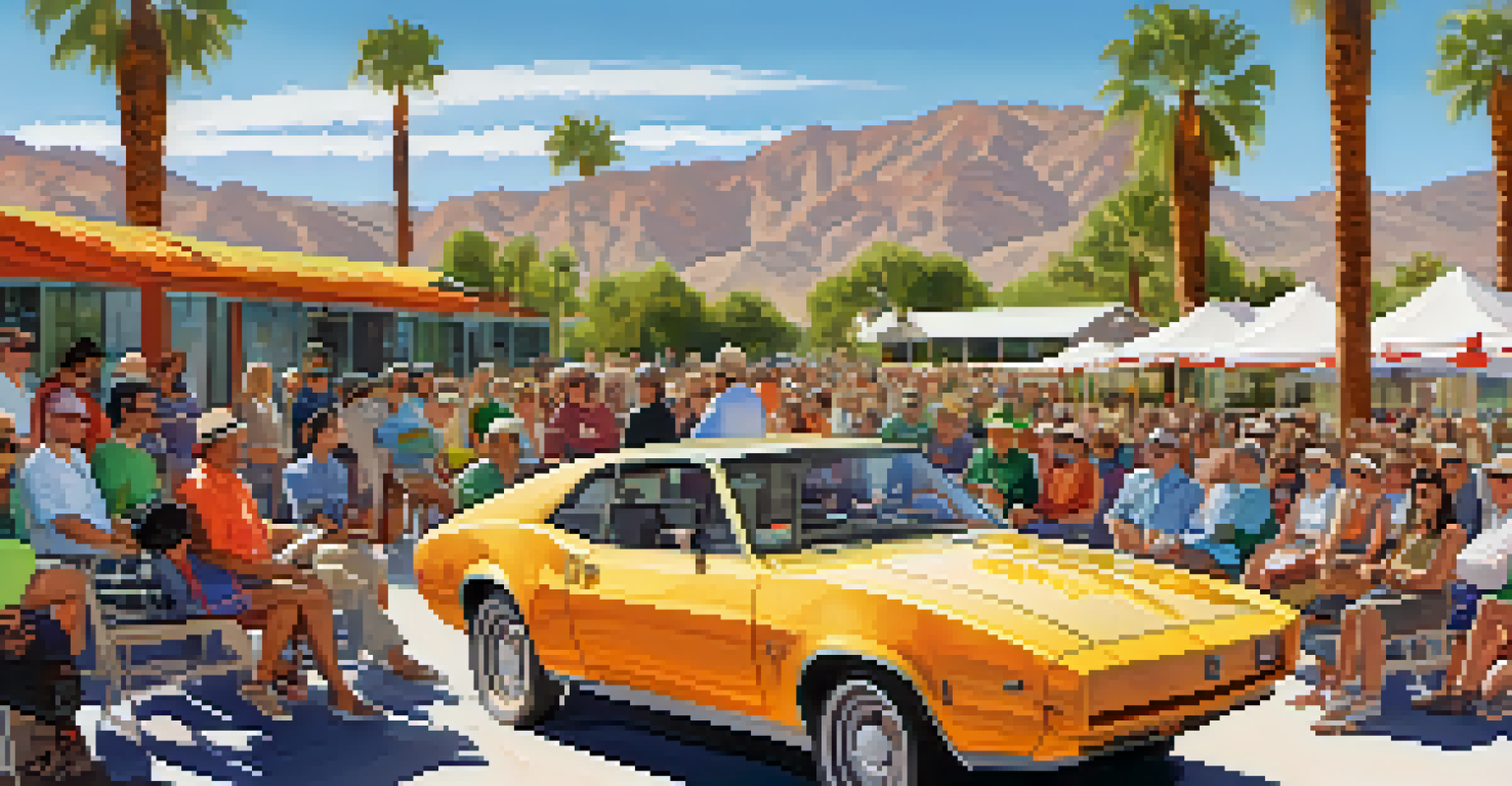 A community event in Palm Springs with people gathered around an electric vehicle and listening to a presenter about sustainability.