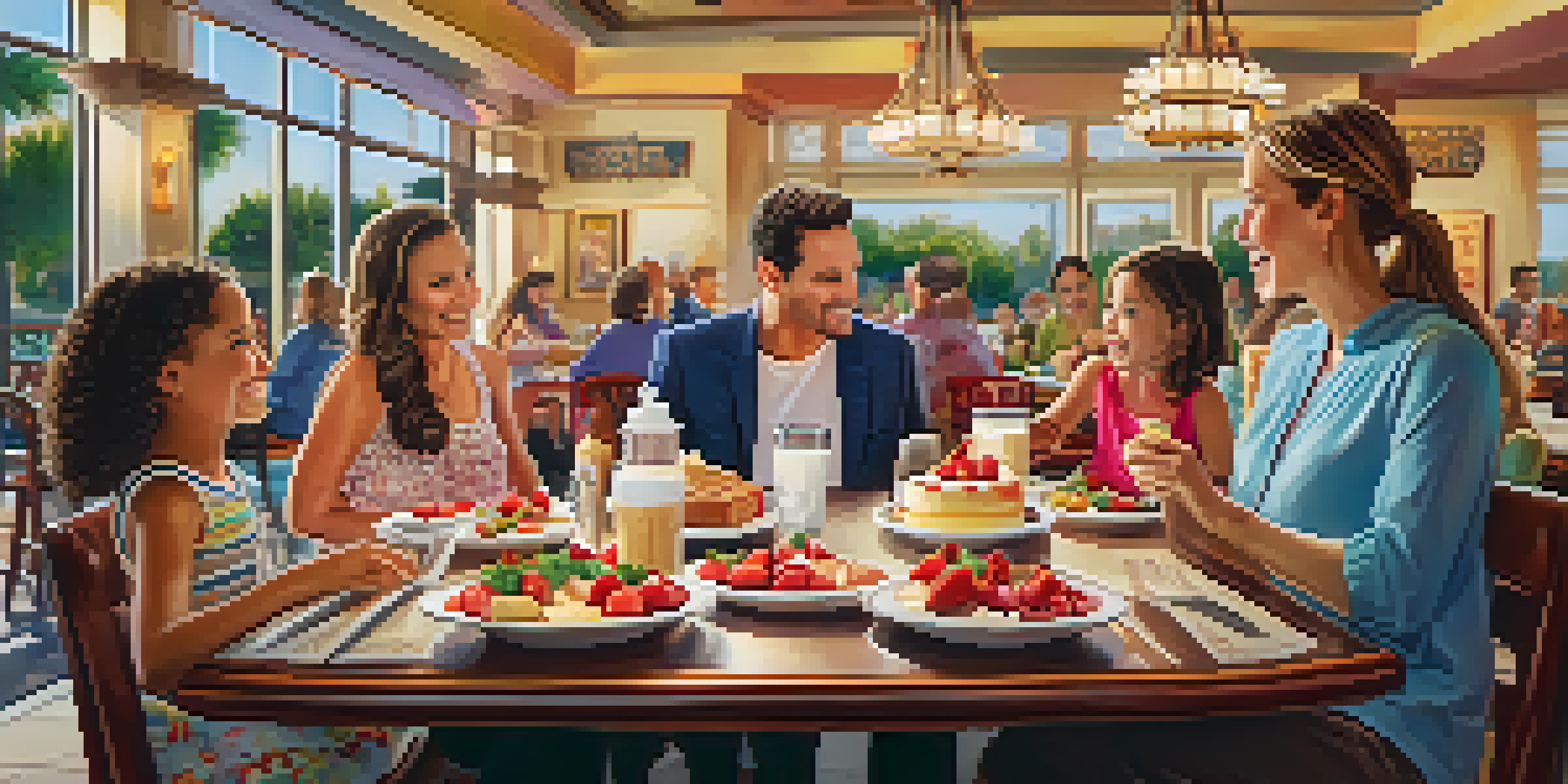 A family enjoying a meal at The Cheesecake Factory with a colorful array of dishes and a slice of cheesecake in the foreground.
