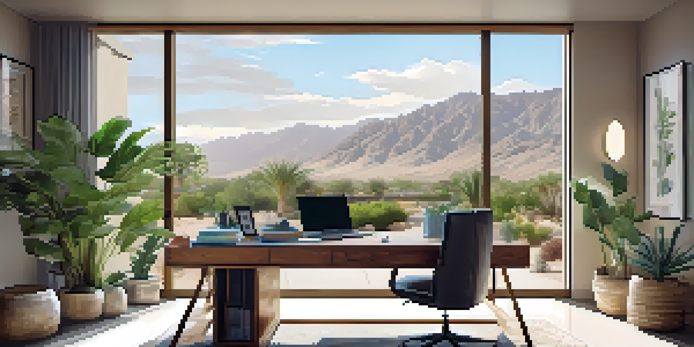 A cozy home office with a desk and laptop, surrounded by plants and a view of the desert outside.