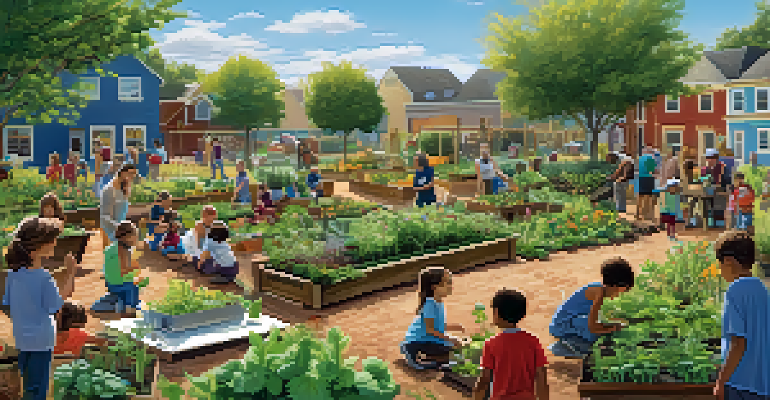 A vibrant community garden workshop with children and adults learning about sustainable gardening, planting seeds, and composting.