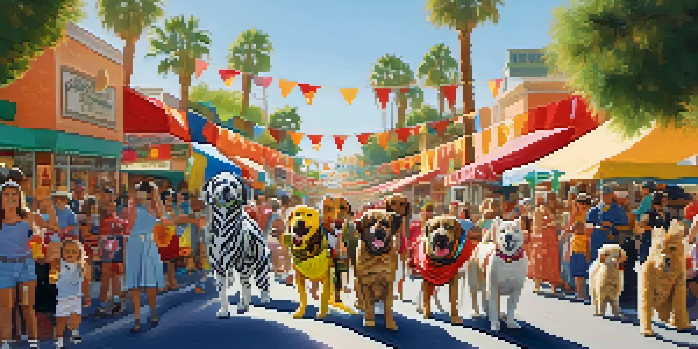 A lively parade with pets in costumes, surrounded by cheering crowds and colorful decorations.