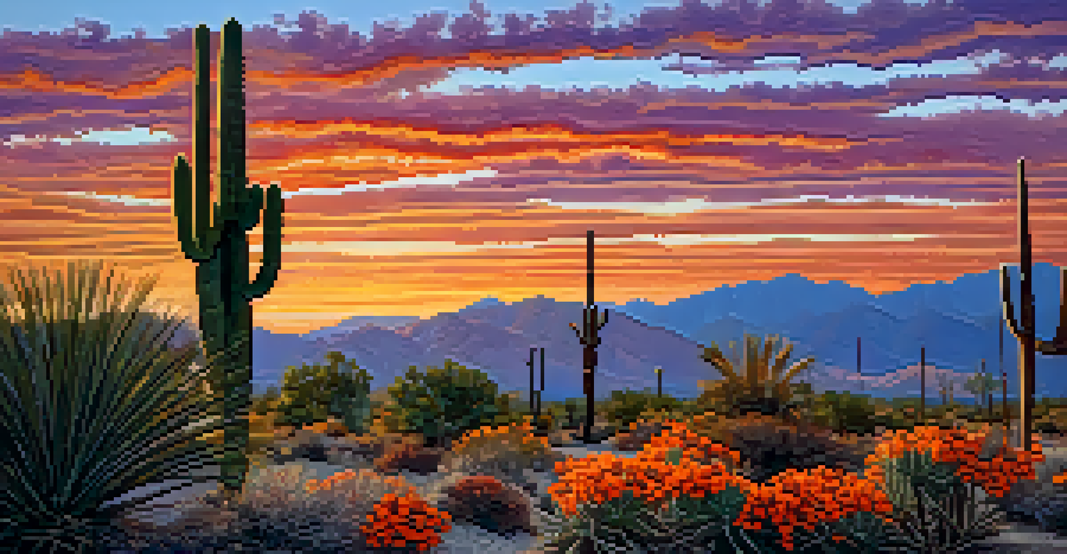 A close-up of a saguaro cactus with intricate details against a vibrant sunset sky, with small desert flowers in the foreground.
