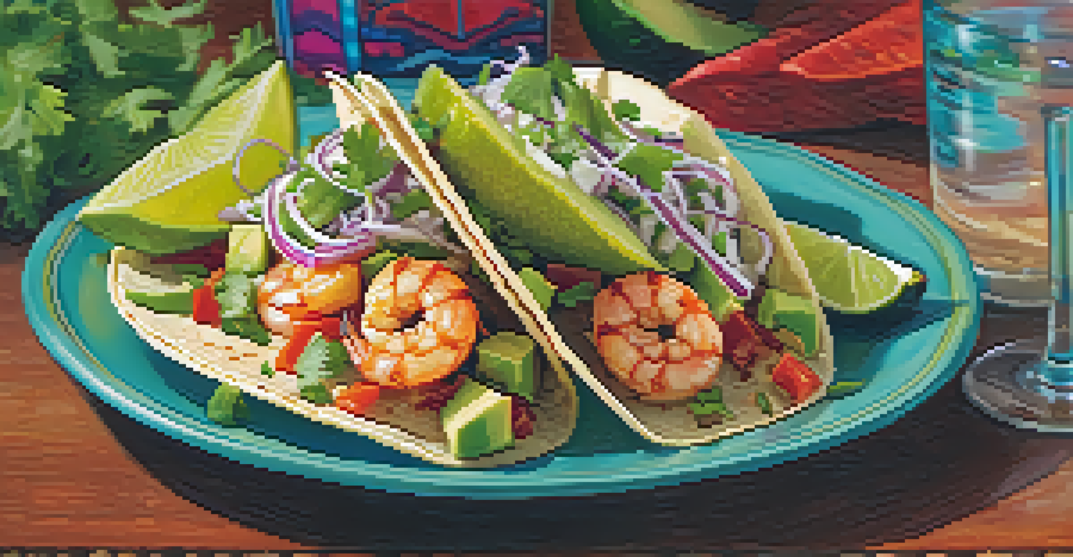 A close-up of spicy shrimp tacos with avocado and cilantro, paired with a glass of Riesling in a tropical restaurant setting.