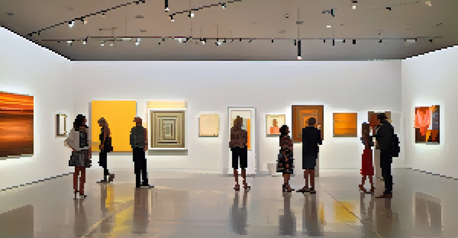 Interior of an art gallery in Palm Springs with contemporary artworks on display and visitors admiring them.