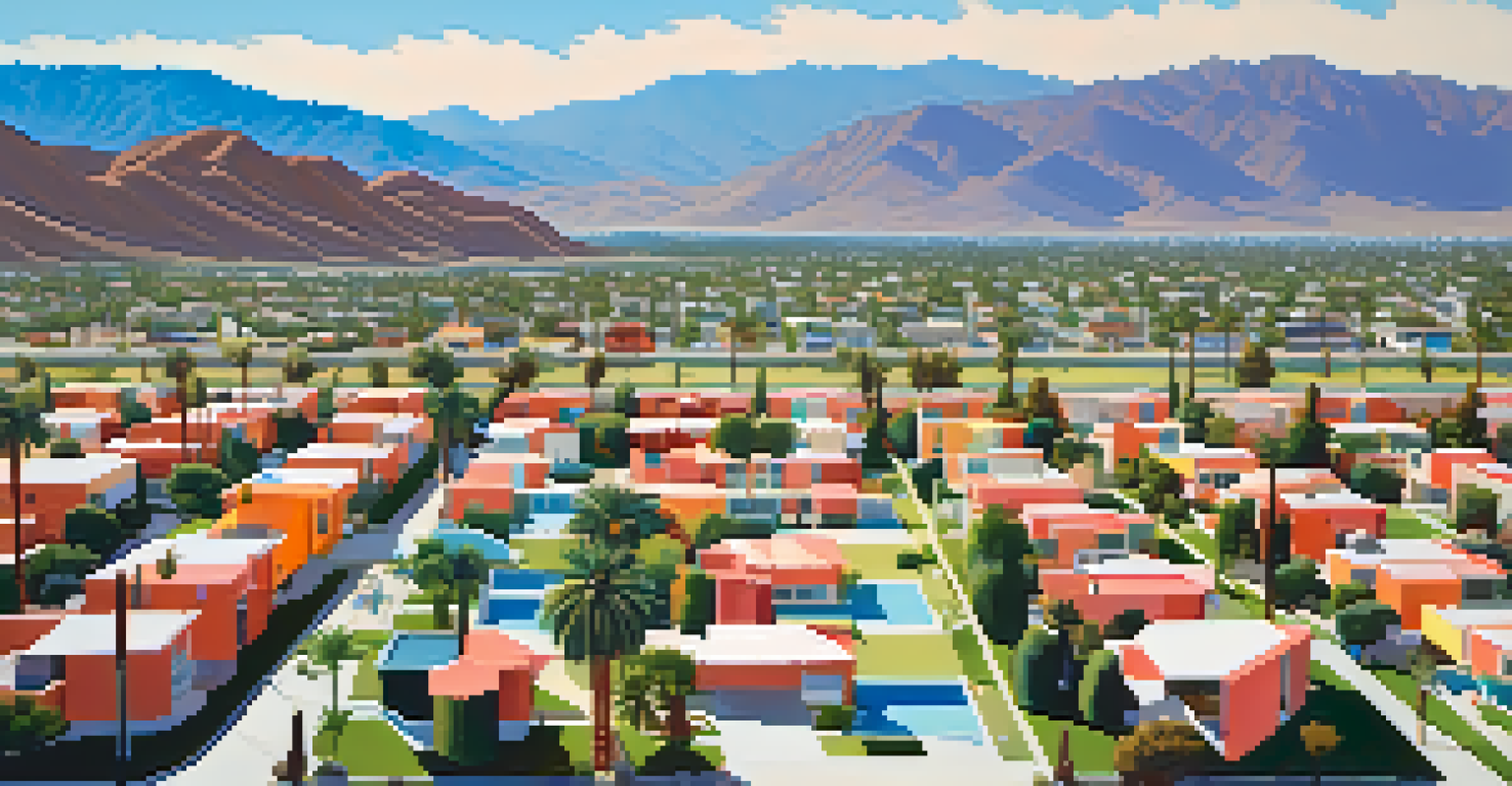 Aerial view of a neighborhood in Palm Springs with mid-century modern homes, set against the backdrop of the San Jacinto mountains and a clear blue sky.
