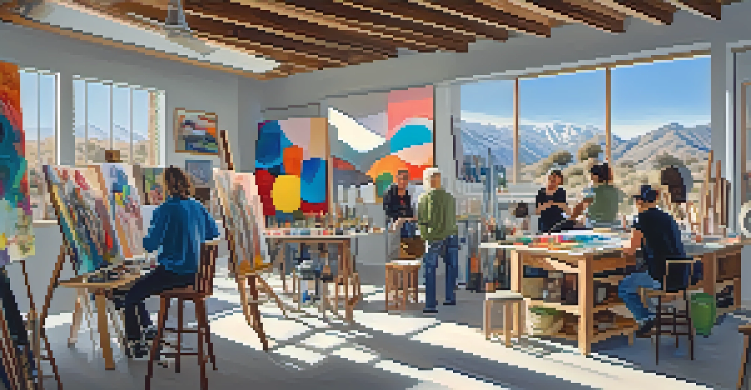 A vibrant art studio in Palm Springs with diverse artists collaborating on their projects amidst colorful art supplies and natural light.