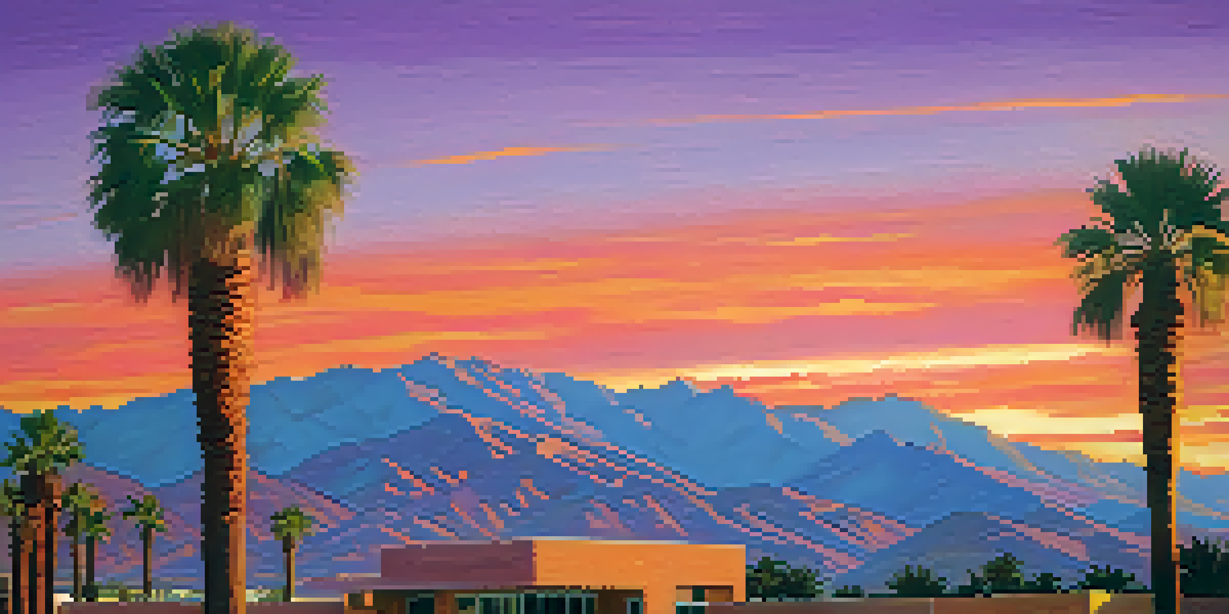 A breathtaking sunset over the Palm Springs desert, featuring golden sands and rugged mountains, with vibrant colors in the sky and a modern sculpture in the foreground.