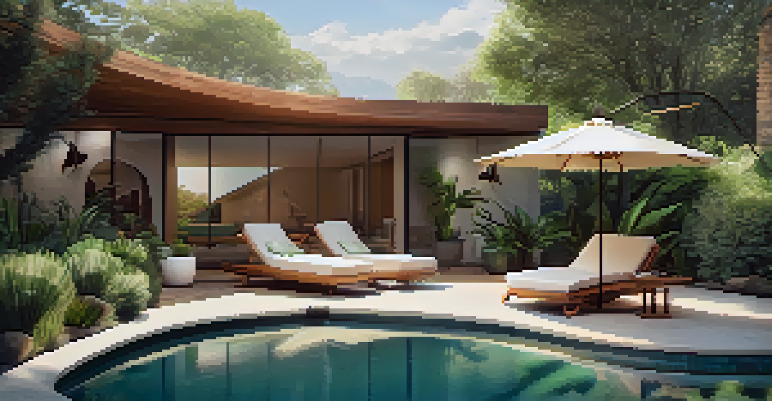 A kidney-shaped mid-century modern pool with a wooden deck, lounge chairs, and lush greenery, illuminated by warm sunlight.