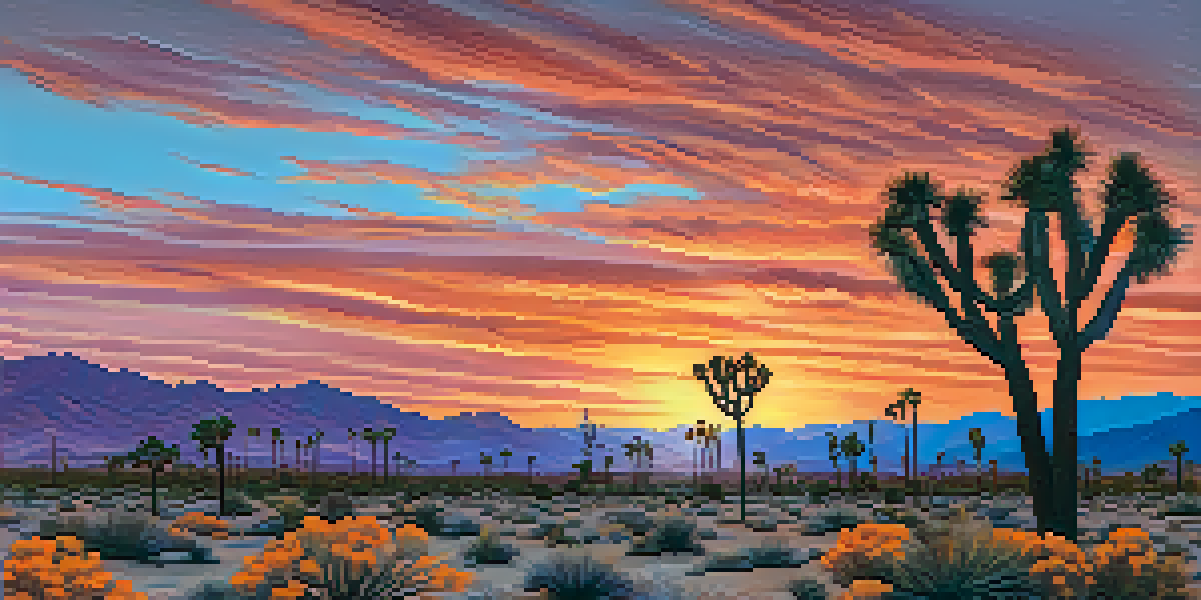 A sunset over the Palm Springs desert with silhouetted Joshua Trees and blooming wildflowers, featuring a colorful sky.