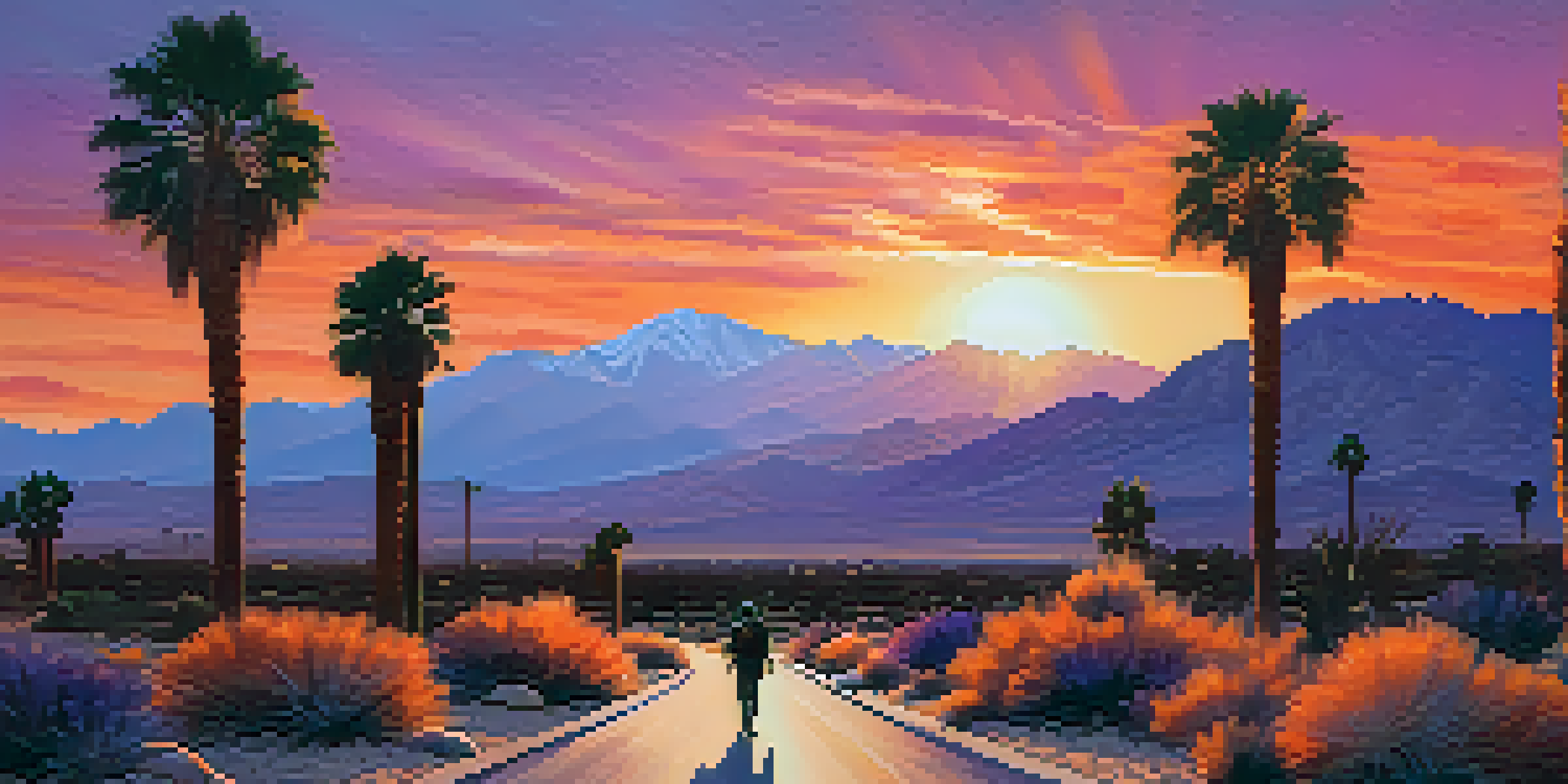 A beautiful desert sunset in Palm Springs with palm trees and rocky mountains in the foreground, and a hiker silhouette enjoying the view.