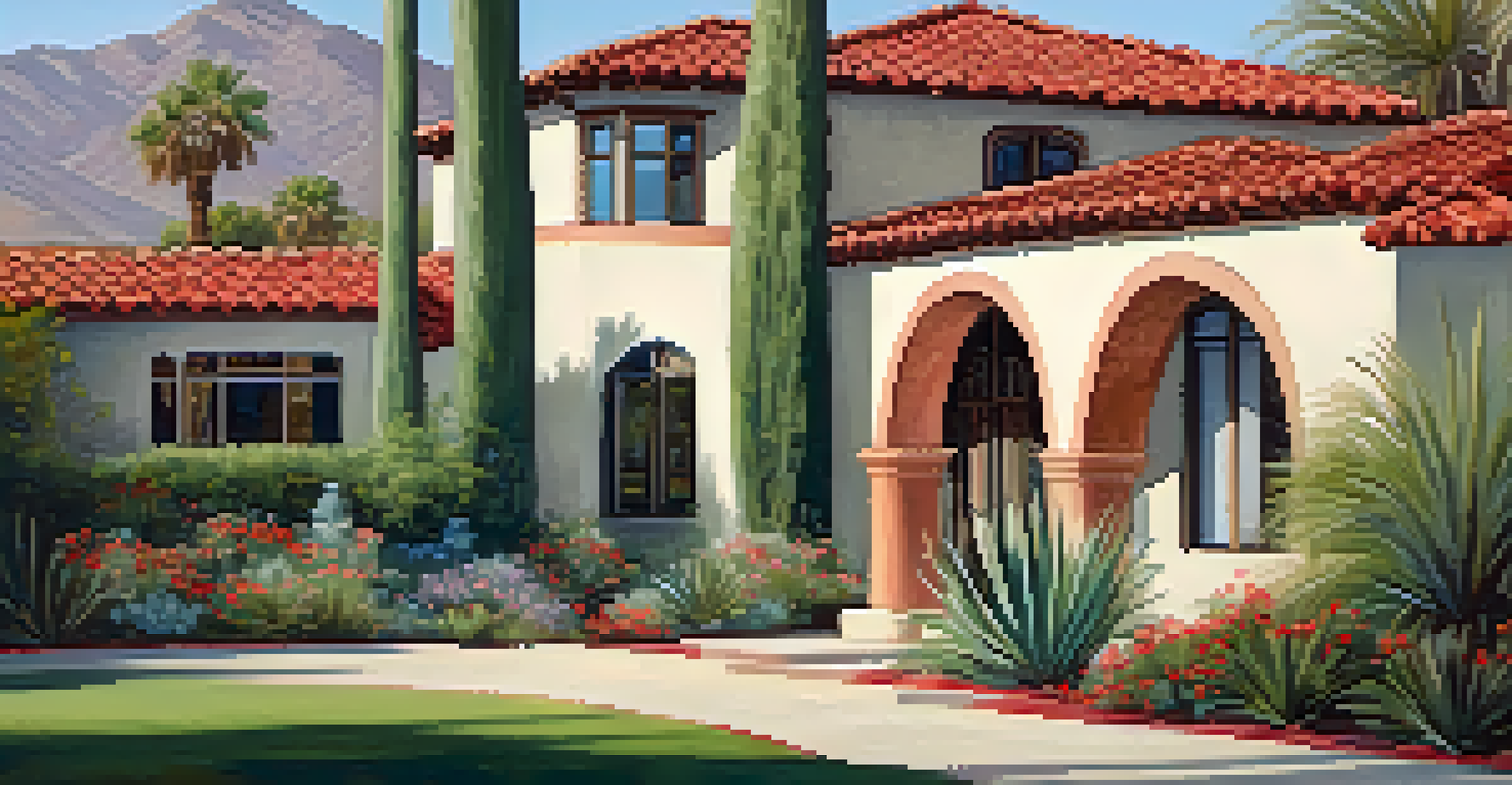 A Spanish Revival house with a red-tiled roof and lush courtyard filled with flowers.