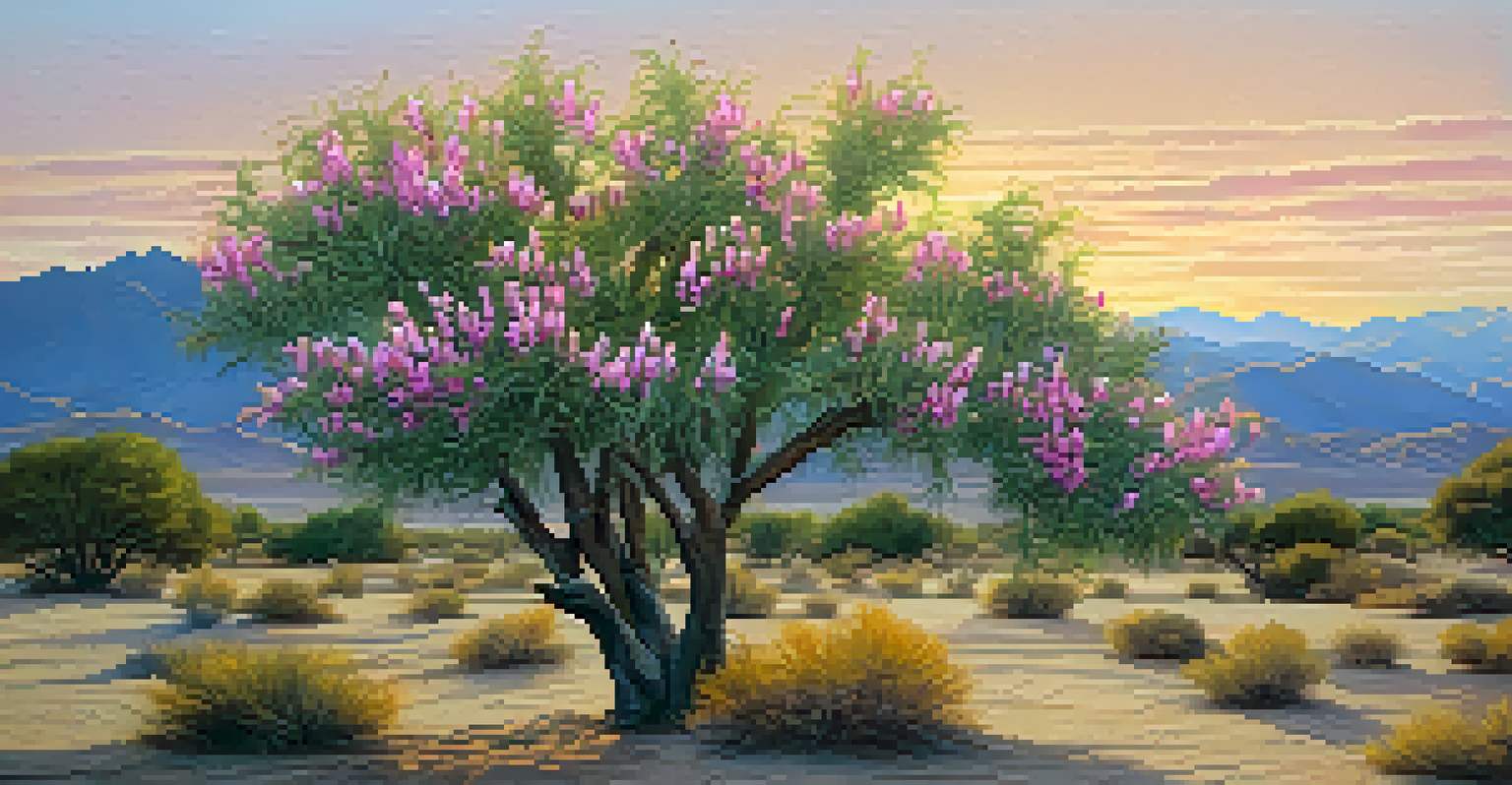 A close-up of a Desert Willow tree with pink trumpet-shaped flowers against a desert backdrop during sunset.