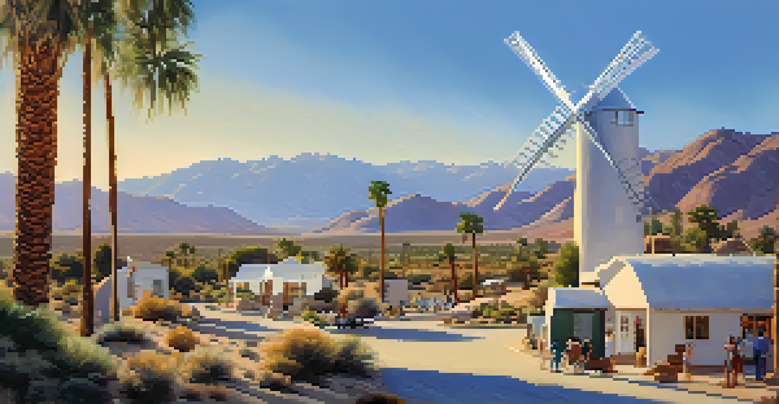 A scenic image of the Palm Springs Windmill Tours with visitors near windmills and a beautiful desert landscape in the background.