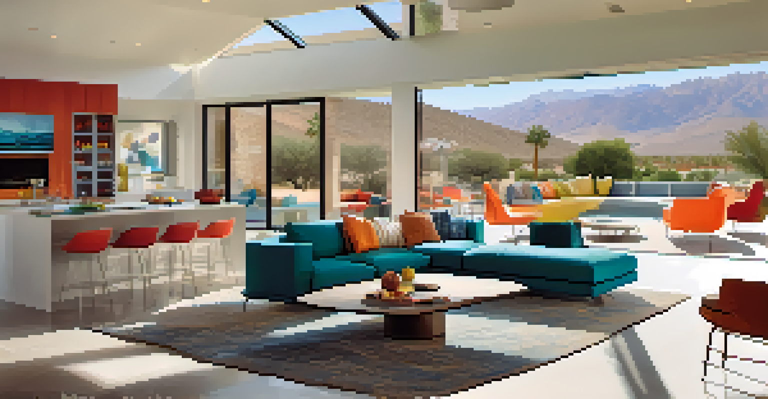 An airy open floor plan living area with modern furniture and a large kitchen island, illuminated by natural light from big windows overlooking the desert.
