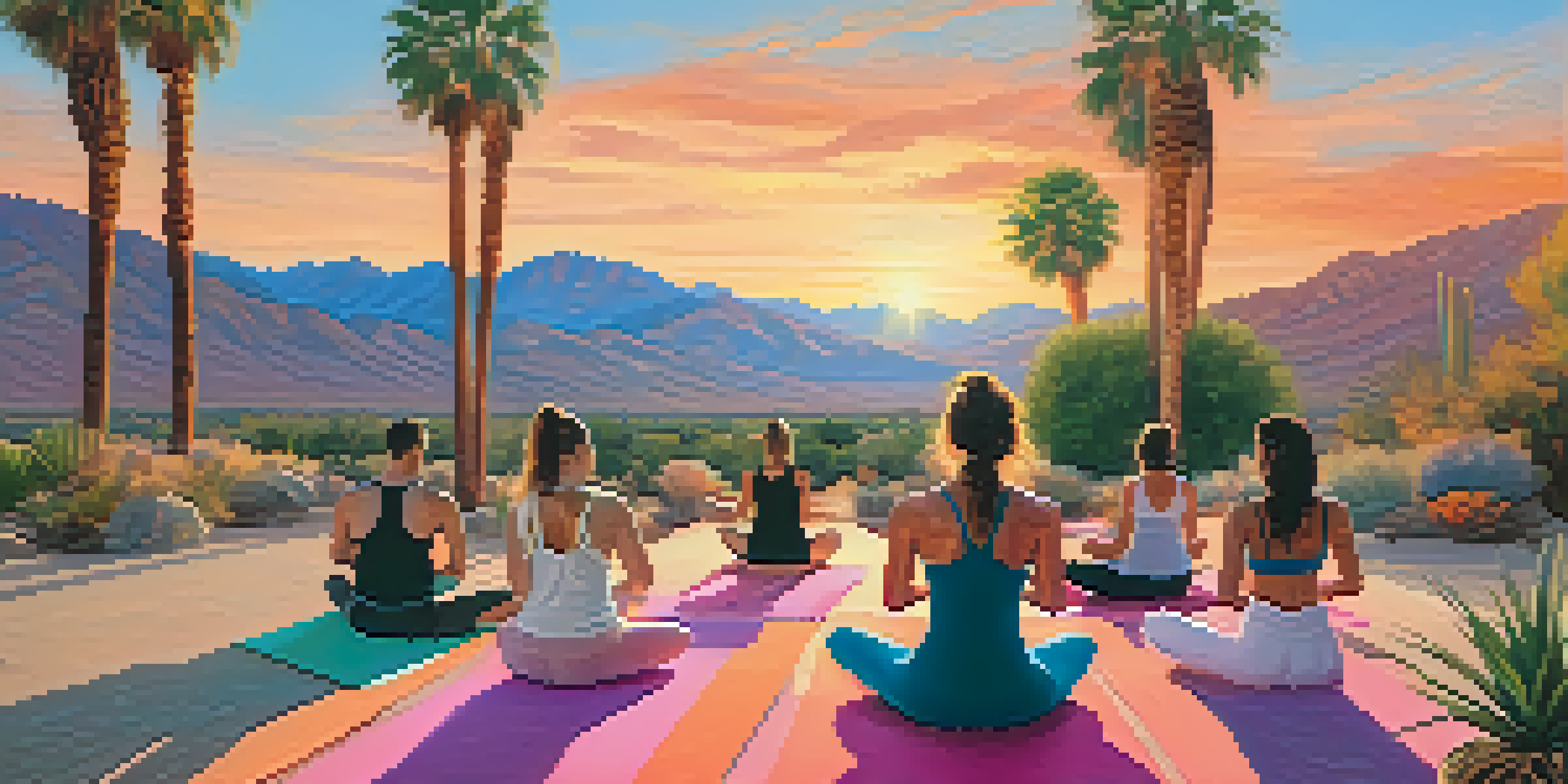 A diverse group of people practicing yoga at sunset in Palm Springs, with mountains and vibrant desert flora in the background.