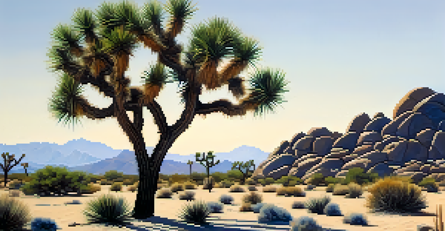 A close-up of a Joshua tree with twisted branches and spiky leaves, featuring small desert animals in the background.