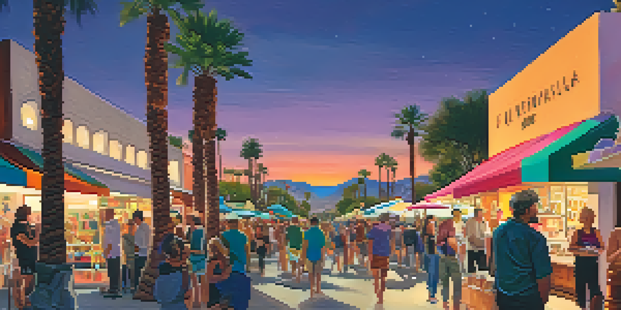 A lively street scene during the Palm Springs Art Walk, with people enjoying art, music, and food.