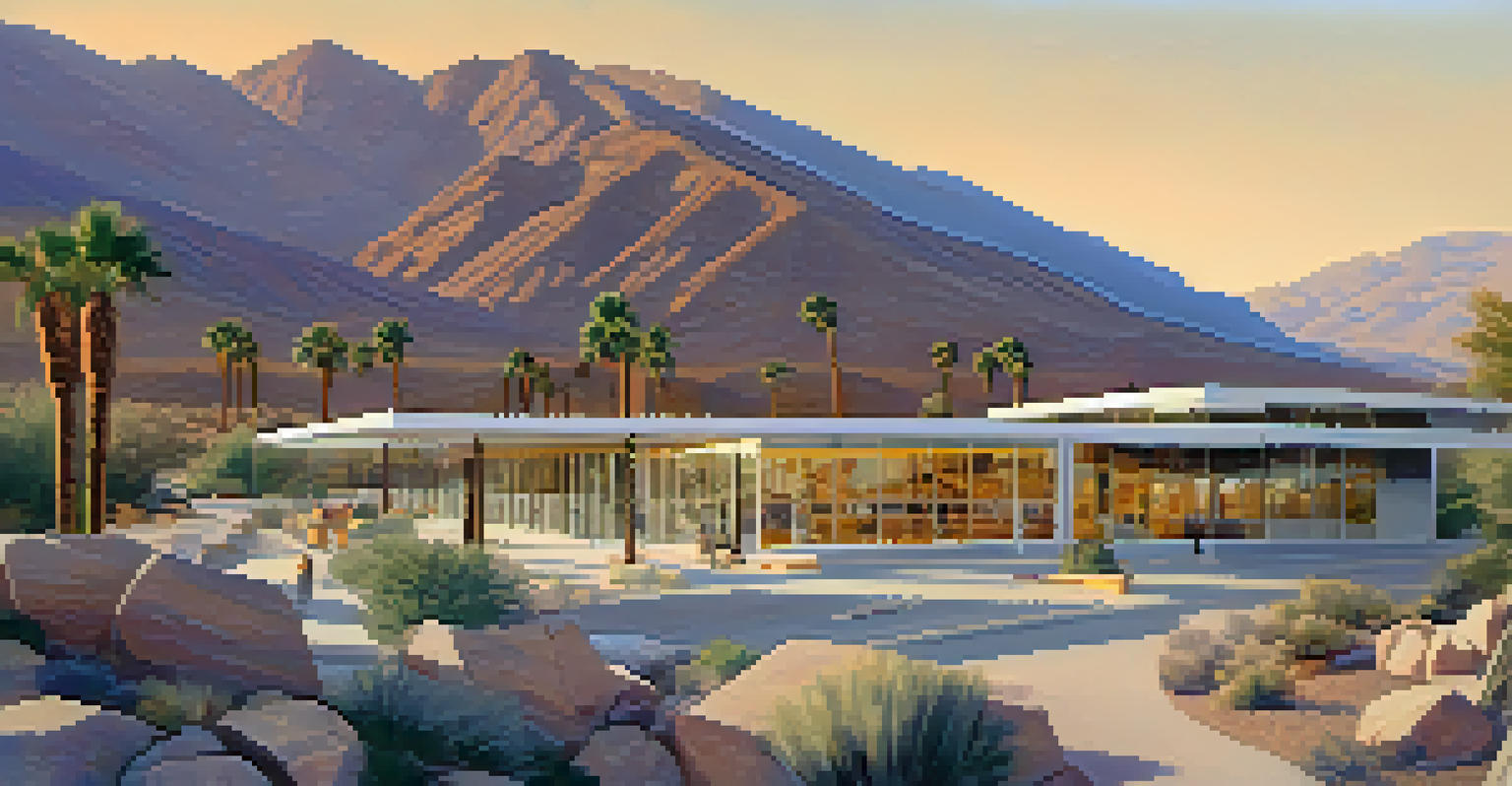 A modern building set against a mountain landscape, featuring angular designs and natural materials, illuminated by the warm light of sunset.