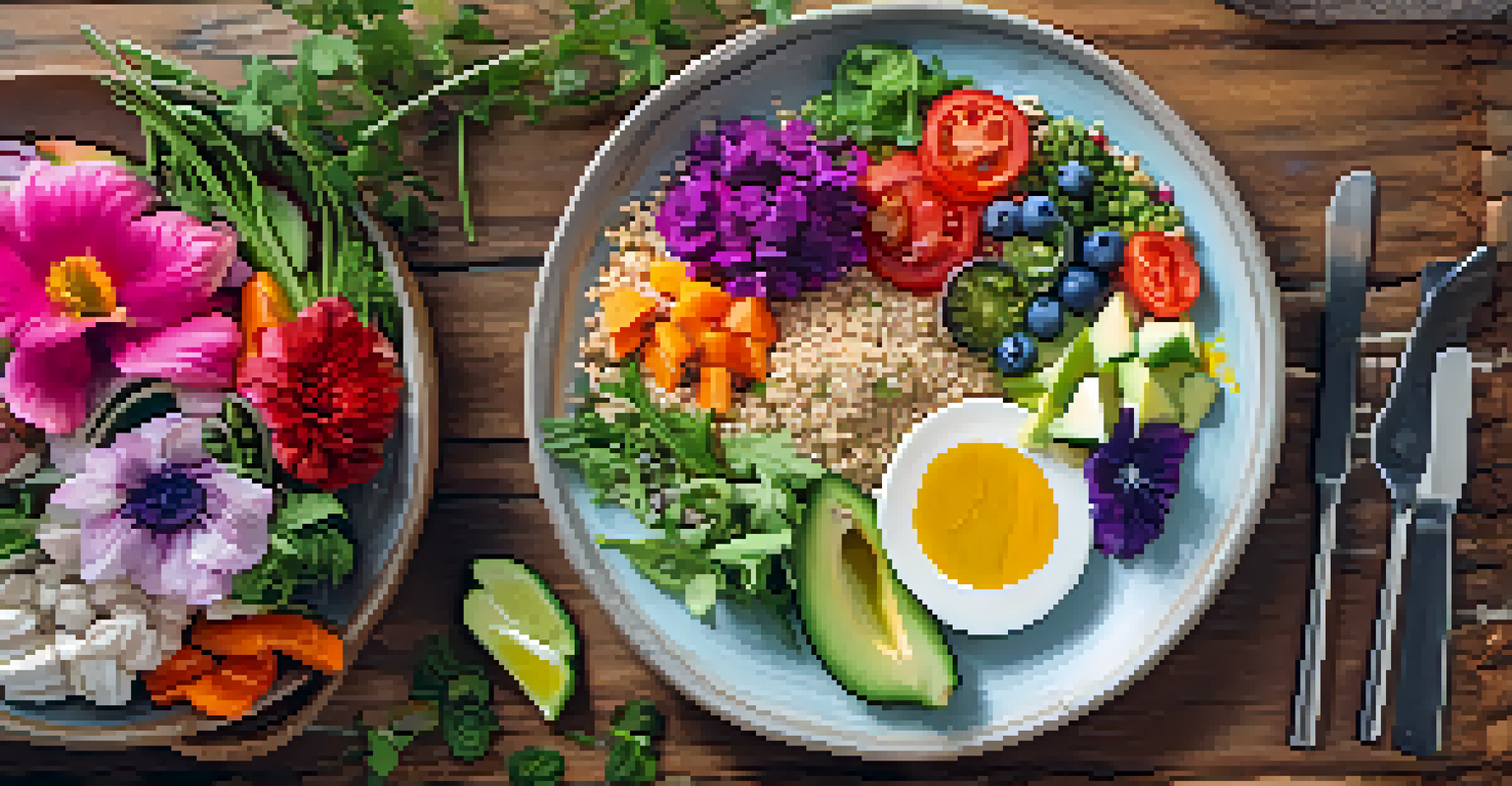 A colorful healthy meal plated with fresh vegetables and quinoa at a yoga retreat, displayed on a rustic wooden table.