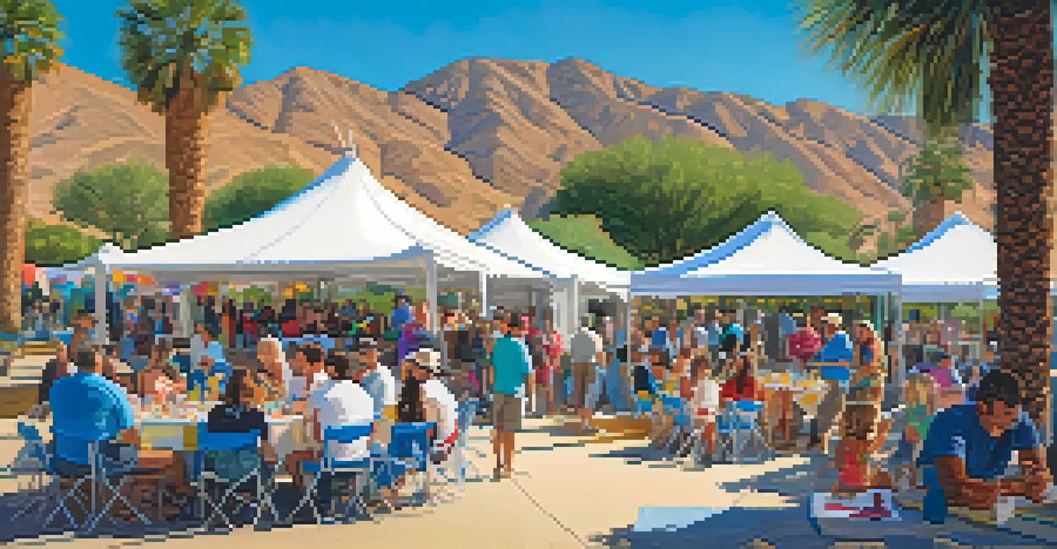 A community engagement event at the Palm Springs Art Museum, showcasing local photographers and families interacting with art in a festive outdoor setting.